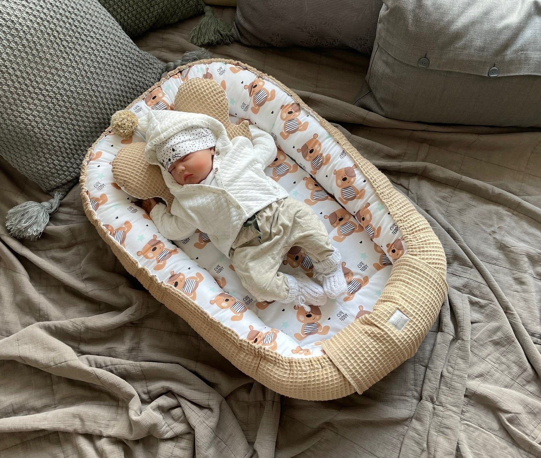 Loolay Bettnestchen TAUPE WAFFELPIQUE Braun TEDDY Baumwolle BABYNEST Babyko günstig online kaufen