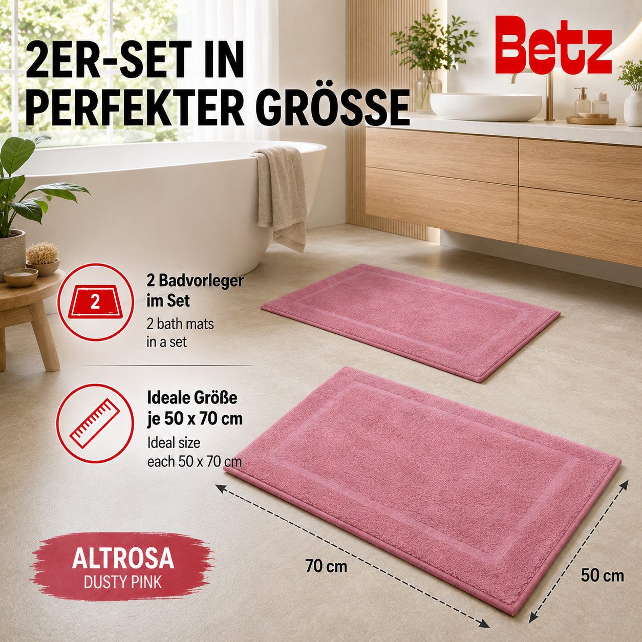 Betz Badematte 2 Stück Badvorleger Premium Badteppich Größe 50x70 cm, unbeschichtet, beidseitig nutzbar, beidseitig nutzbar, Baumwolle, Qualität 650g/m² – Bild 3 von 5