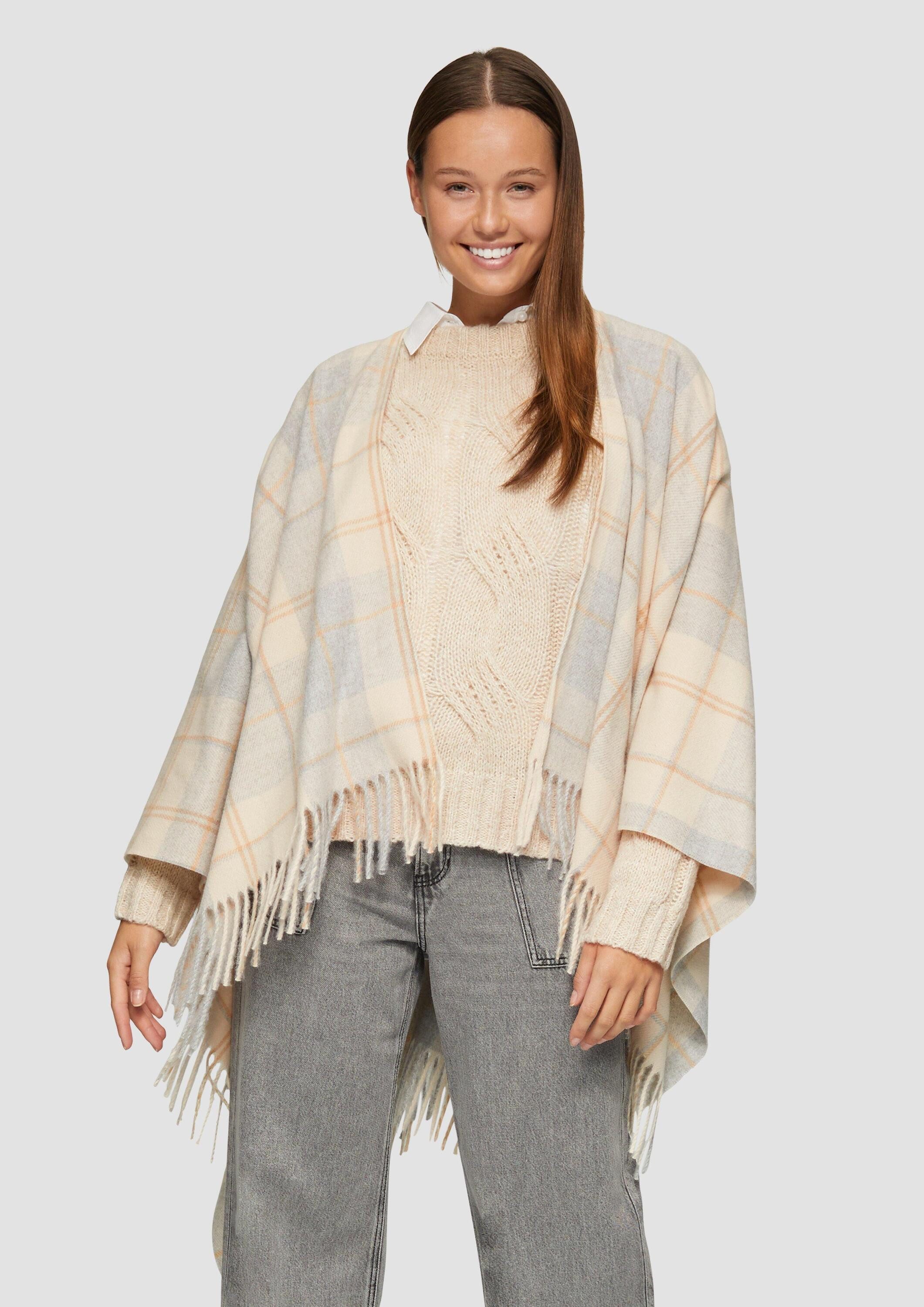 s.Oliver Poncho Indoor-Poncho Fransenschal in Karo-Optik
