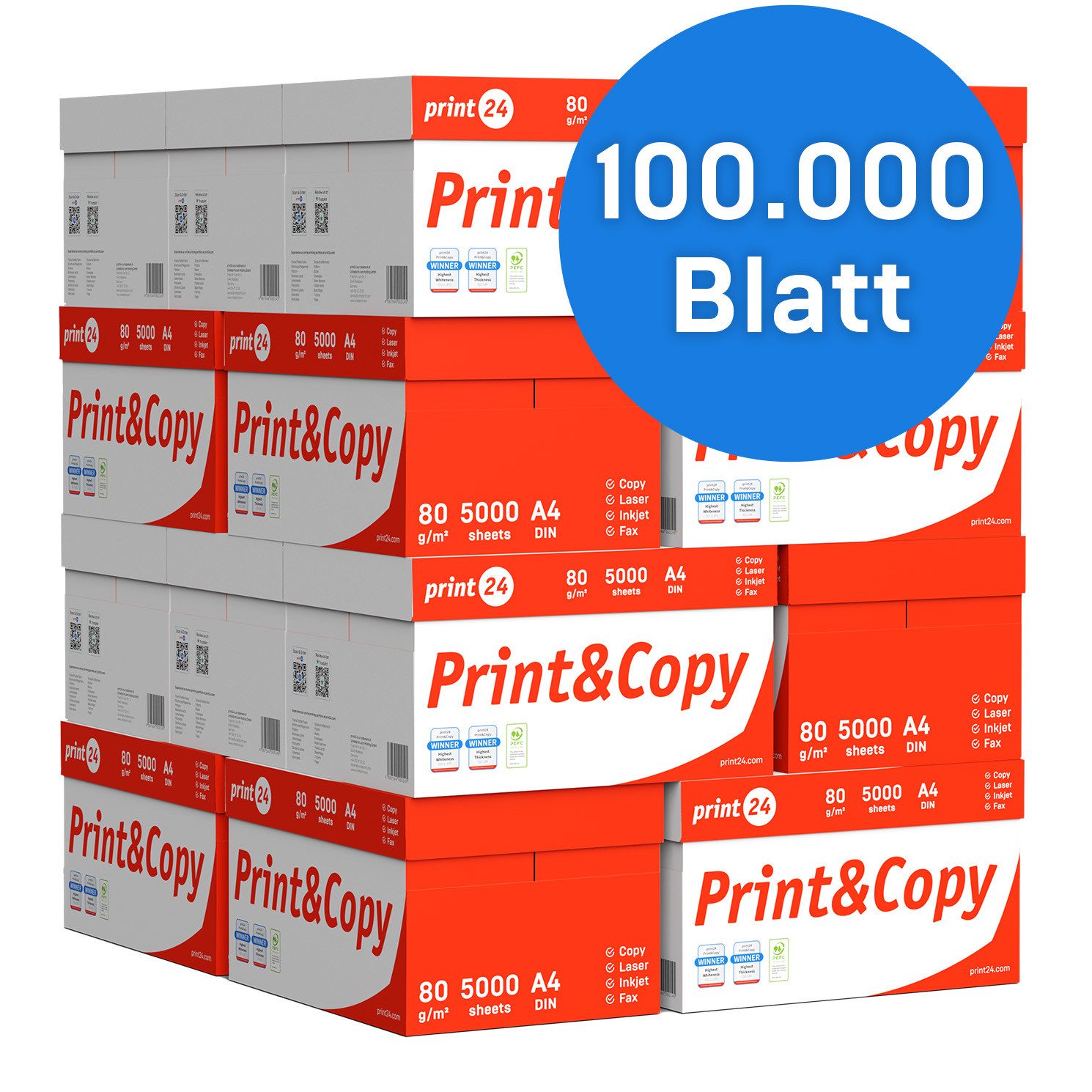 print24 Druckerpapier Kopierpapier 100000 Blatt A4 80g Premium Weiß PEFC zertifiziert