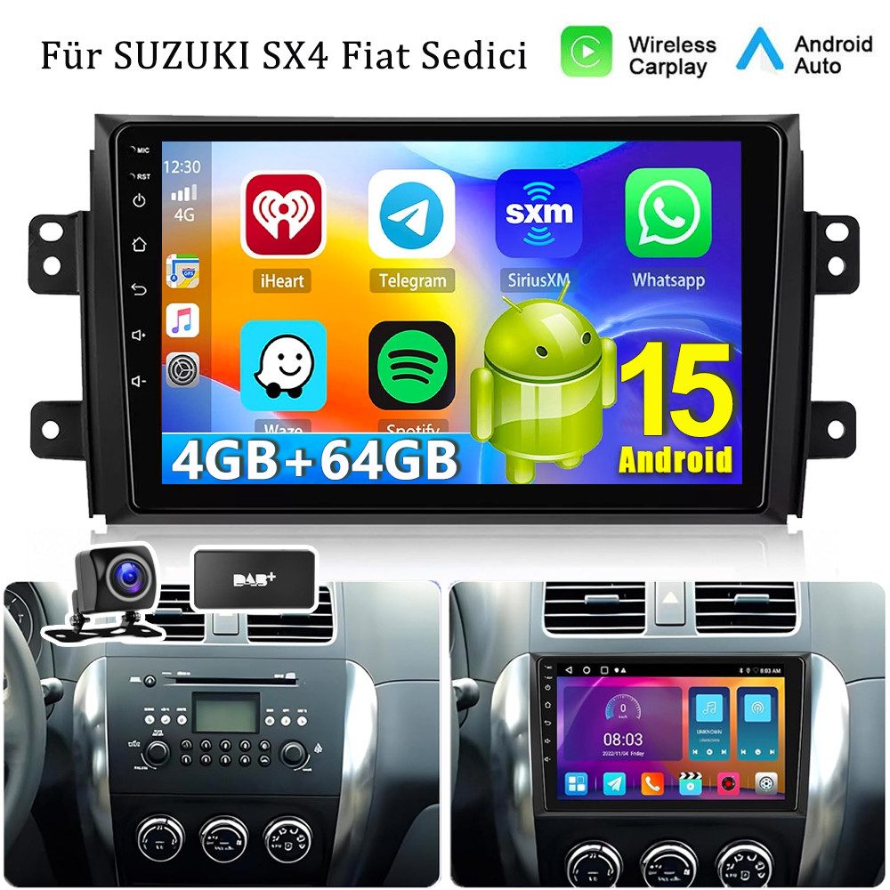 ESSGOO 9'' DAB+ Autoradio Android 15 für Suzuki SX4 2006–13 CarPlay GPS Navi Autoradio (RDS, 4+64GB(optional), FM, AM, DAB+ (optional), Android Auto Apple Carplay,Bluetooth,USB,WIFI)