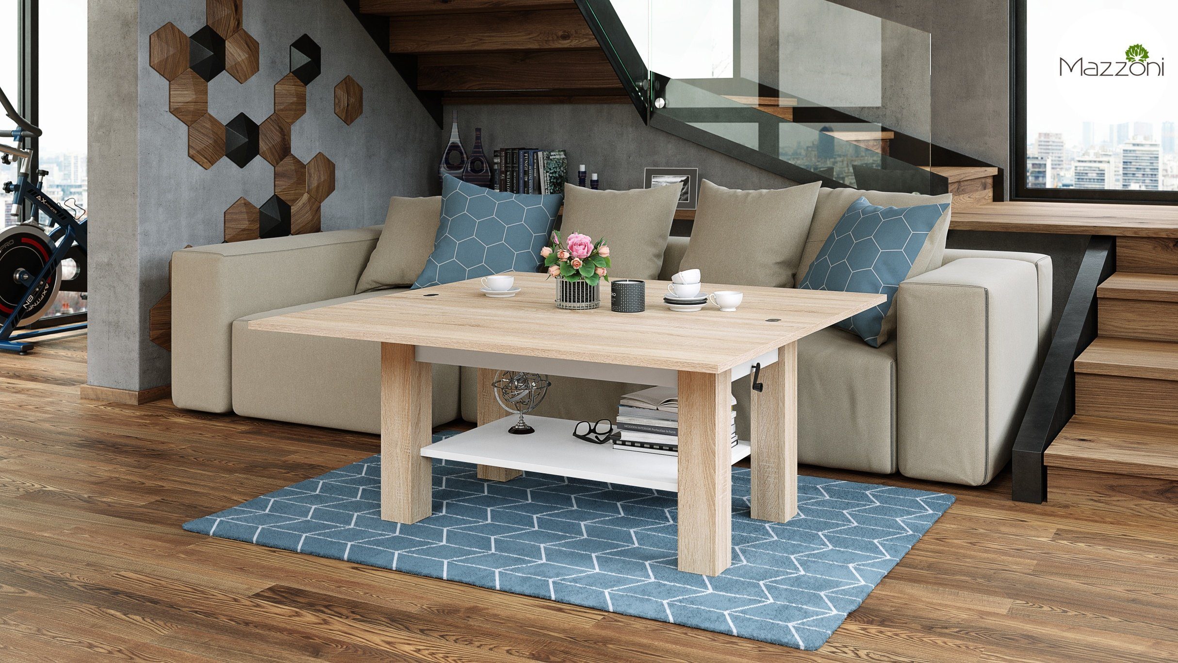 Brawo Weiß Couchtisch designimpex höhenverstelbar Sonoma Arbeitstisch / Eiche aufklappbar Design Couchtisch Tisch matt