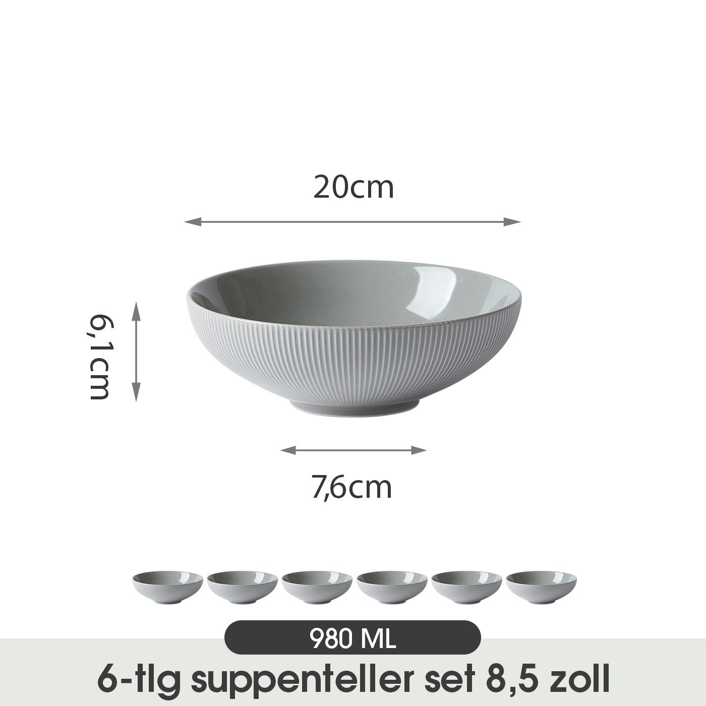 JIWOO Suppenteller 6er Ø20cm Speiseteller Salatteller Pastateller Teller Suppenschüssel, (6 St), Keramik Hochwertiges Tellerset Grau Mikrowellen- und spülmaschinenfest