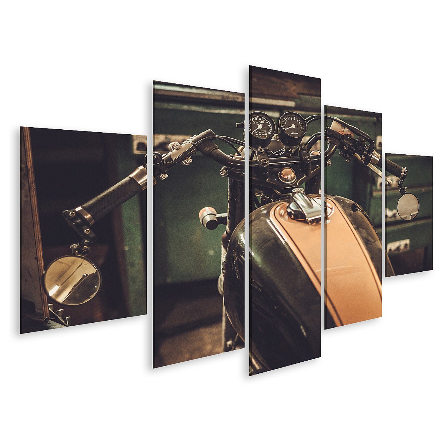Leinwandbild Bild auf Leinwand Caferacer-Motorrad im Vintage-Stil in einer Zollgara