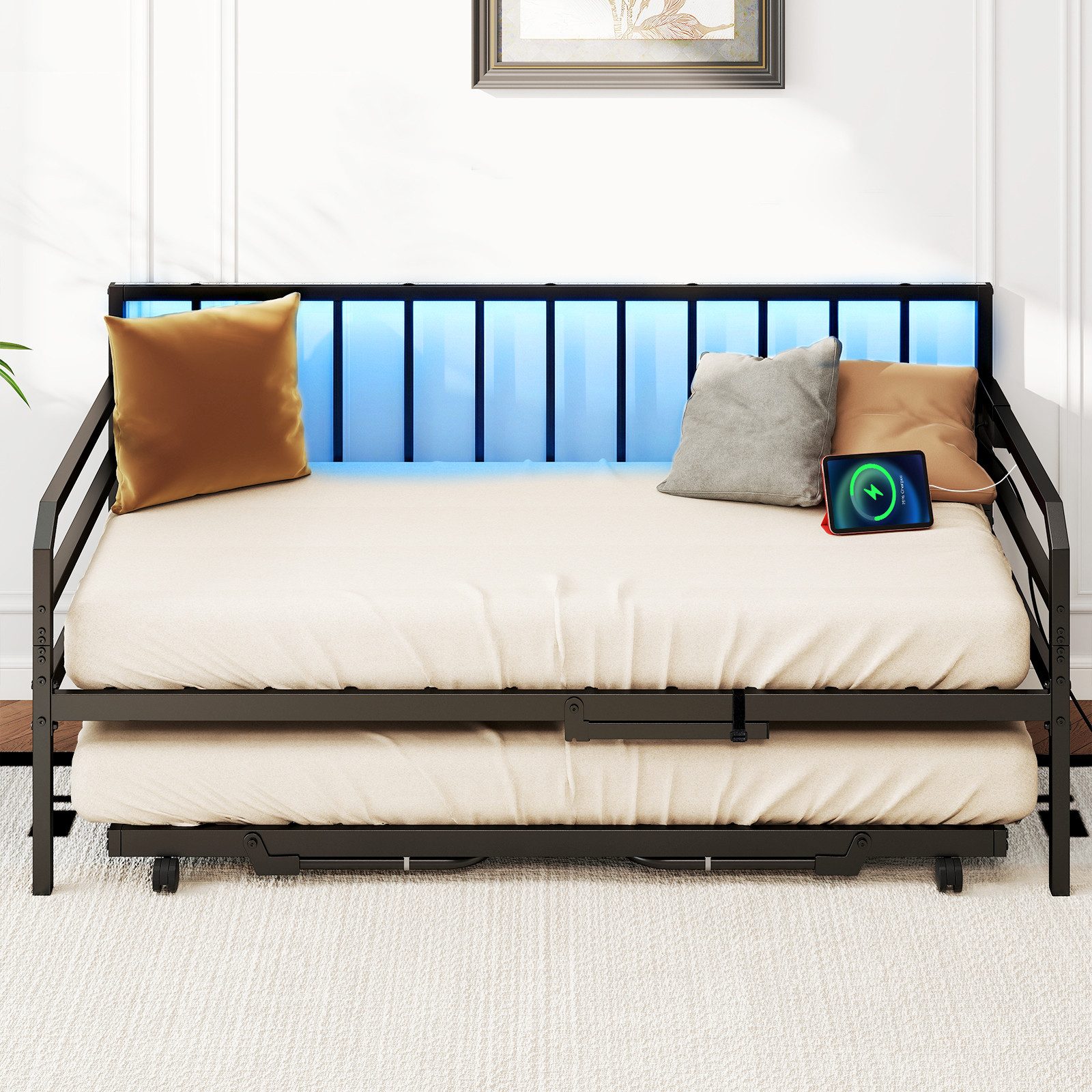COSTWAY Daybett (1 tlg), Bettgestell mit Ausziehbett, LED, Ladestation, 90x200cm / 180x200cm