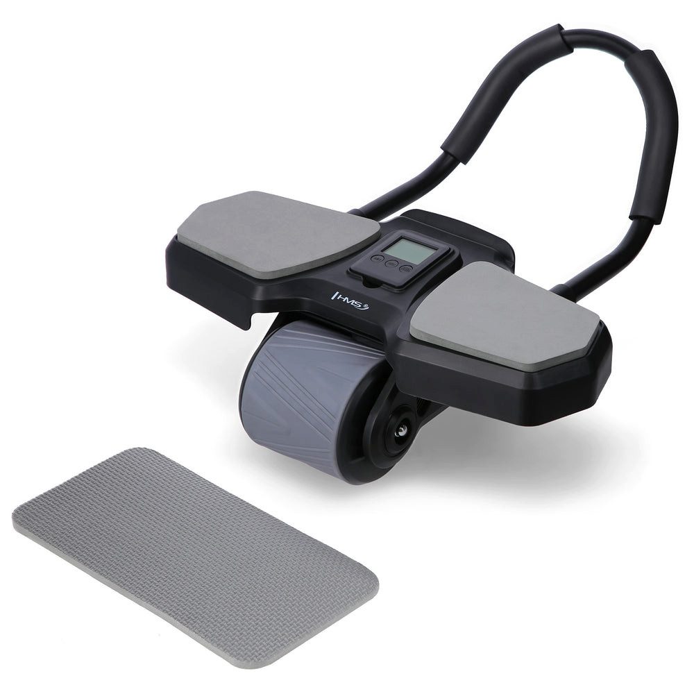 HMS Bauchtrainer Bauchroller Bauchmuskeltrainer Trainingsrad (Spar-Set, 1-St., 45 x 41 x 25 cm stabil), Autom. Rücklauf, LCD-Timer, Handyhalter, Kniepolster