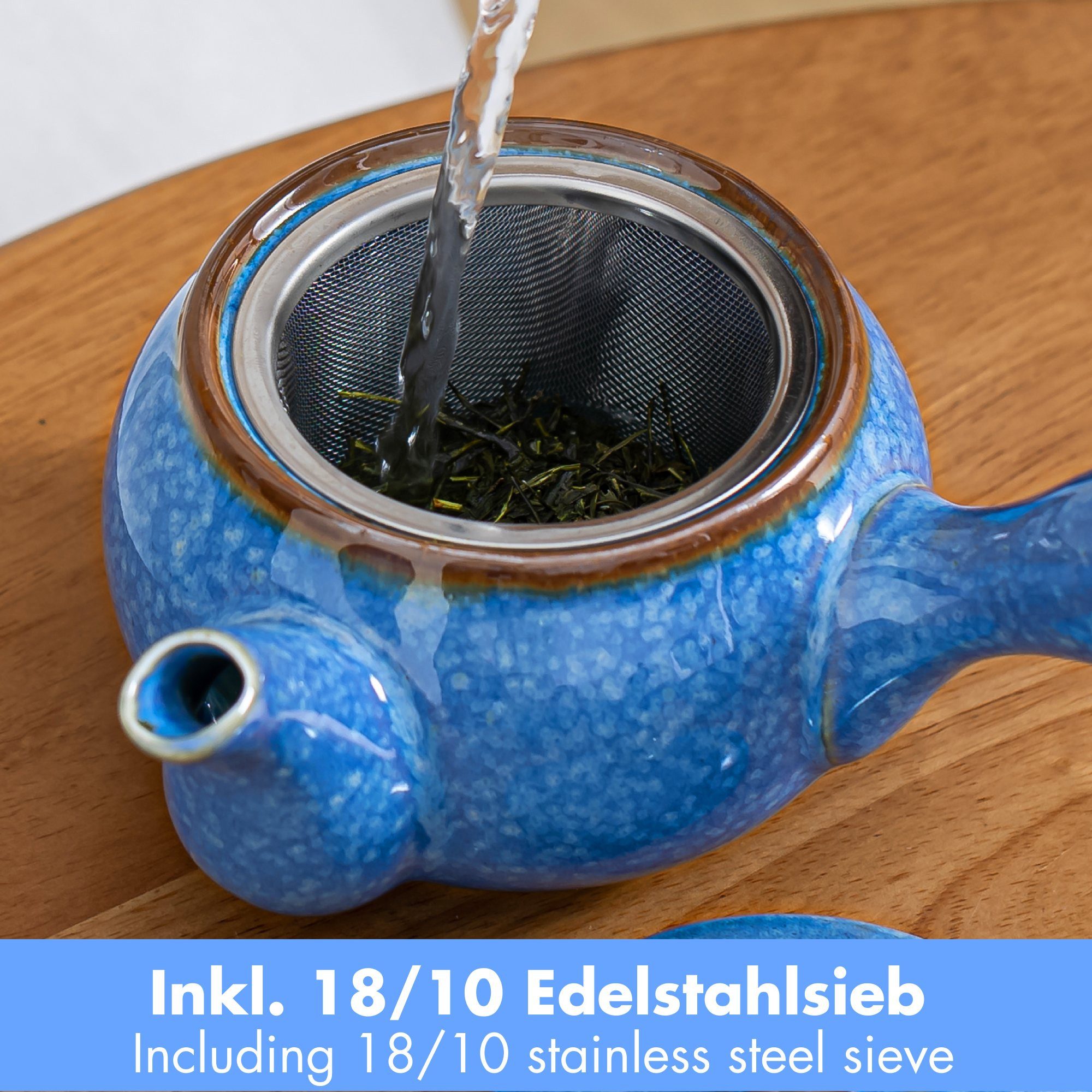 Goodwei Teeservice Japanisches Kyusu Teeset „Umi“ – Seitengriffkanne mit Sieb, 4 Tassen (5-tlg), 1 Personen, Keramik, handgearbeitet