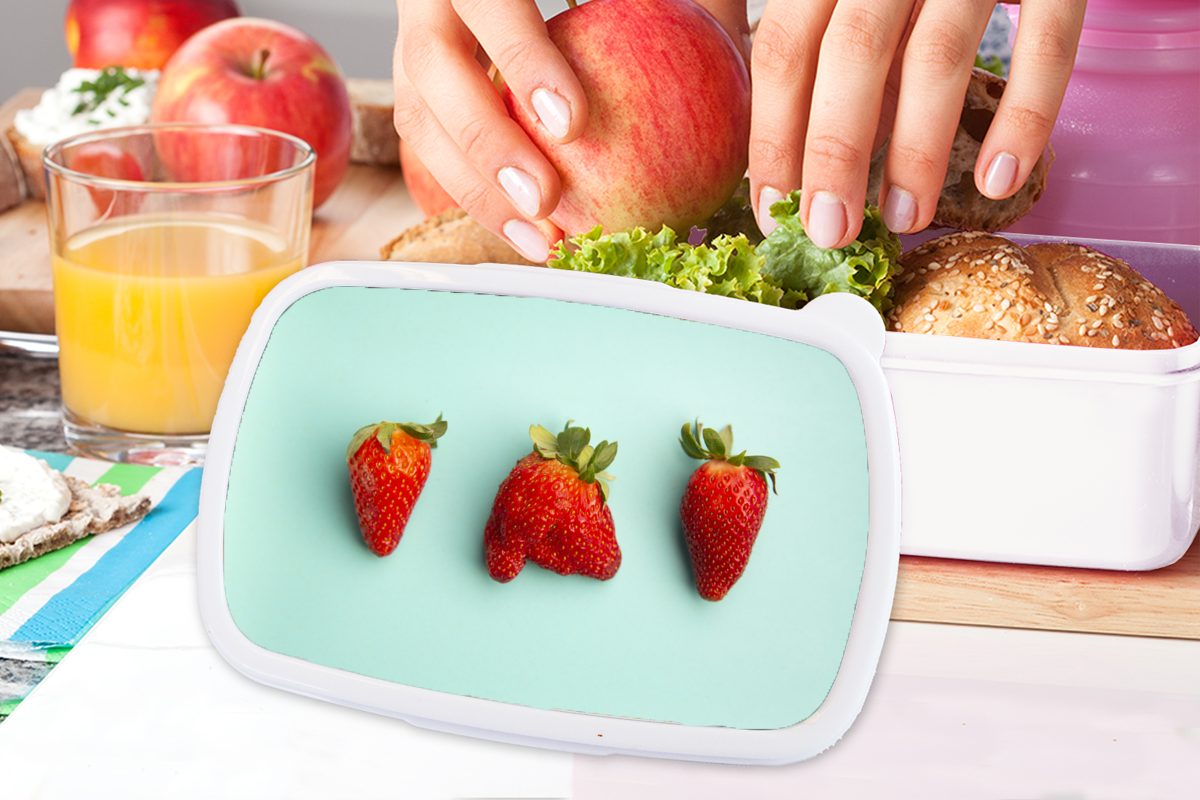 Kunststoff, Kinder Brotbox Lunchbox für Jungs (2-tlg), Blau, und Erwachsene, MuchoWow Brotdose, - - Mädchen Erdbeere und für weiß Pastell
