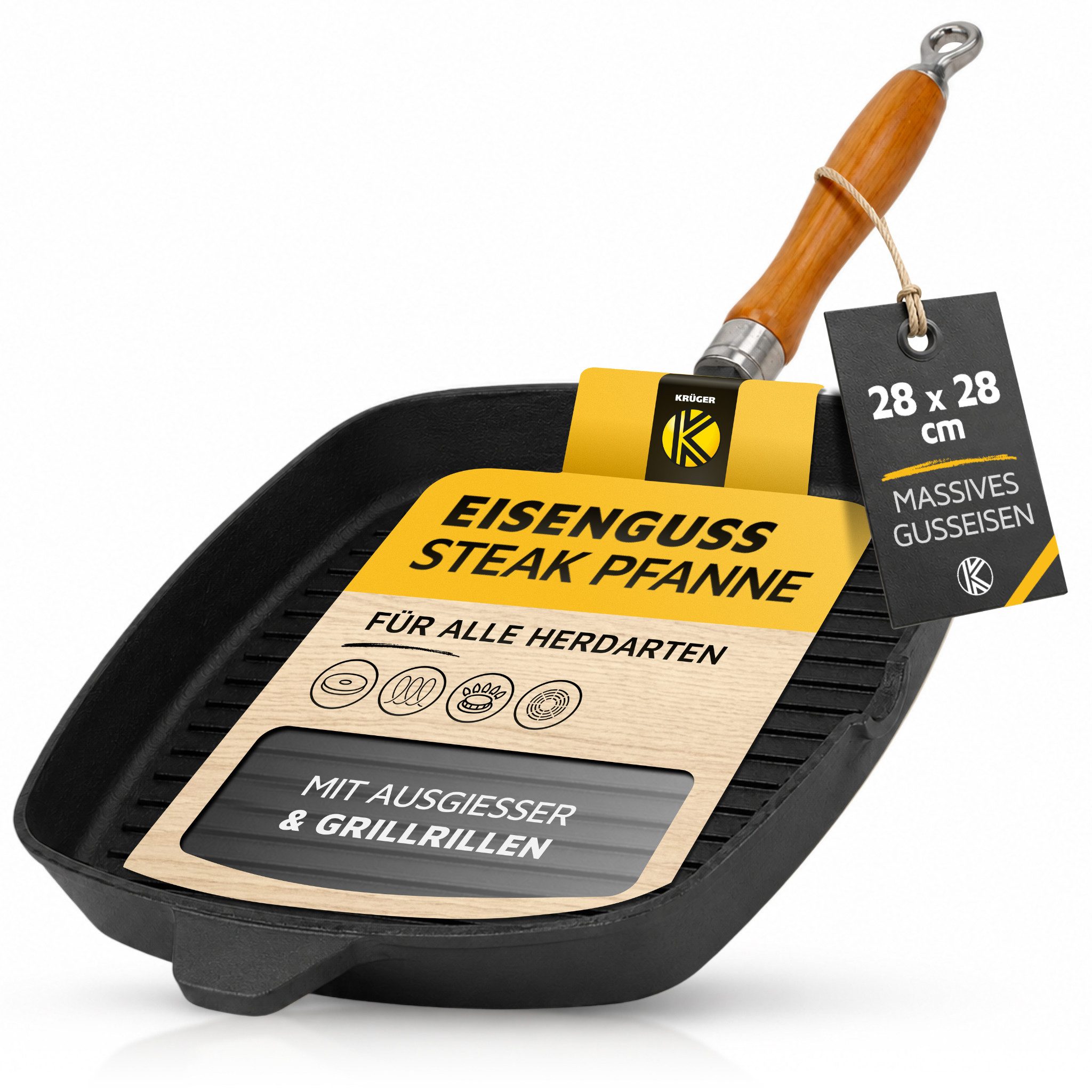 Krüger Steakpfanne Einsenguss Grill-/ Steakpfanne RUSTICA, 28 x 28cm, Gusseisen (1-tlg), für Induktions-Kochfelder geeignet