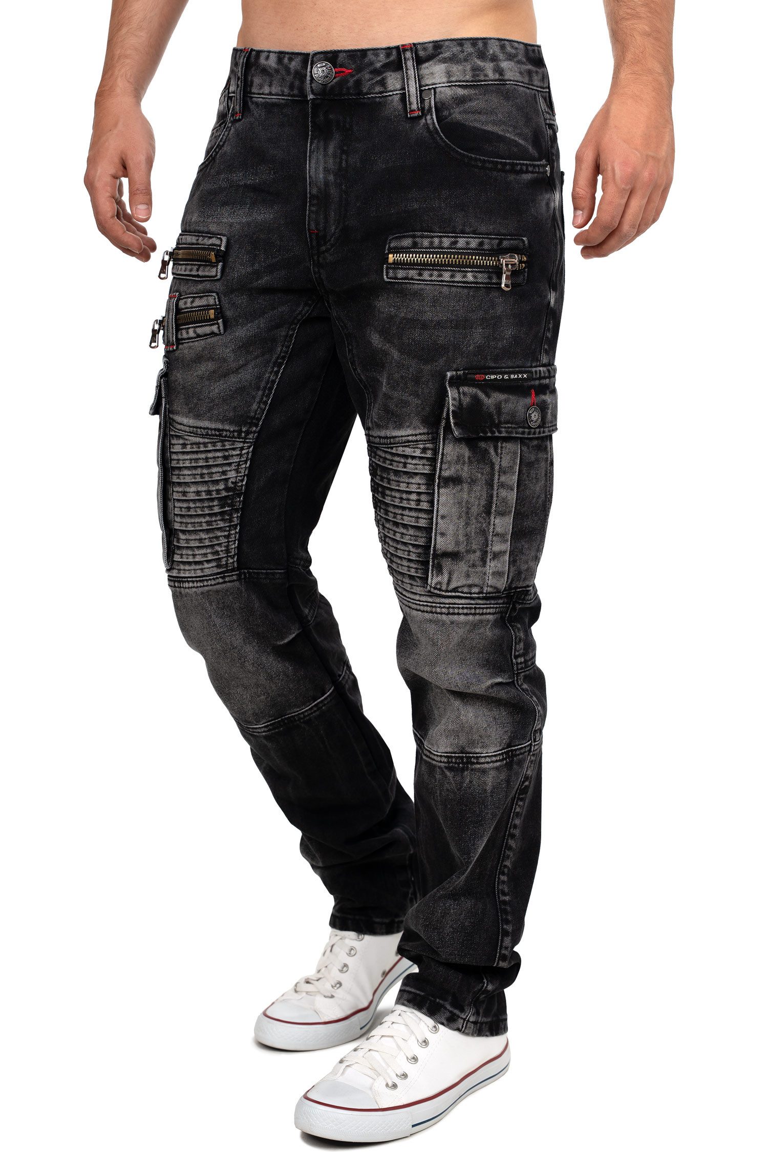 Cipo & Baxx Bikerjeans Biker Hose BA-CD798 im Cargo-Style mit 5-Pocket-Style und Rippenmuster