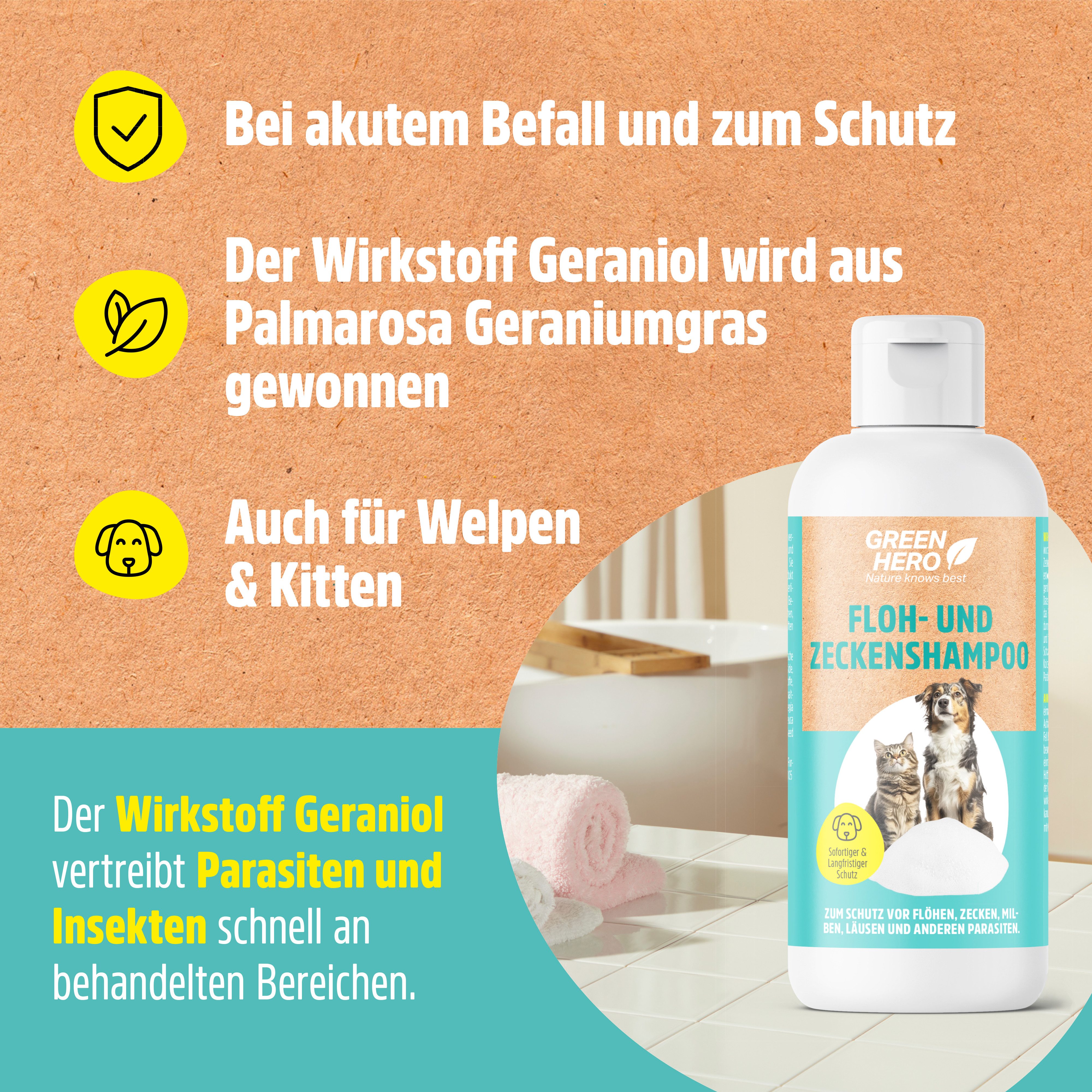 GreenHero Tiershampoo Floh- und Zeckenshampoo für Hund & Katze, 250 ml