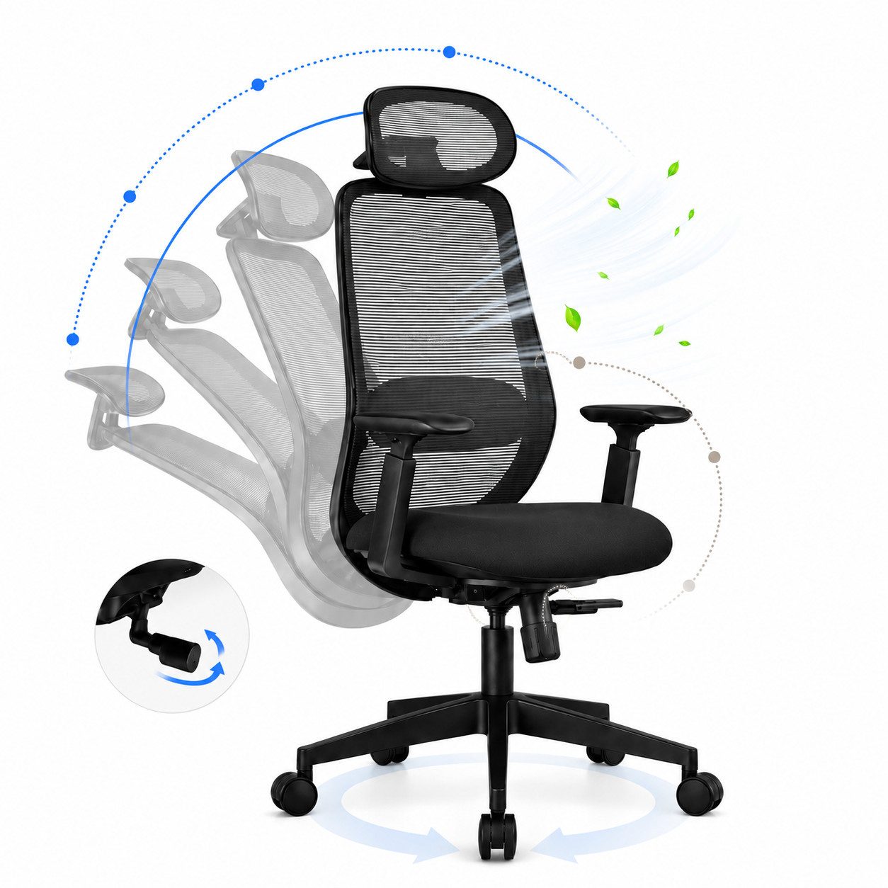 ProtoArc Bürostuhl EC200 Ergonomischer Bürostuhl mit Verstellbarer Sitztiefe (Set), Netzstoff Schreibtischstuhl mit 3D-Armlehnen & 3D-Kopfstütze