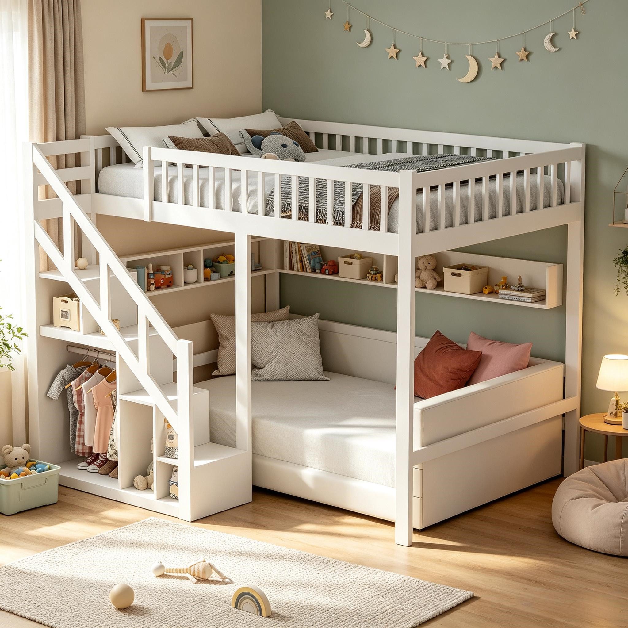 Simurq Hochbett Kinder‑Loftbett 90x200, Stauraumtreppe, Stern‑Muster Absturzsicherung