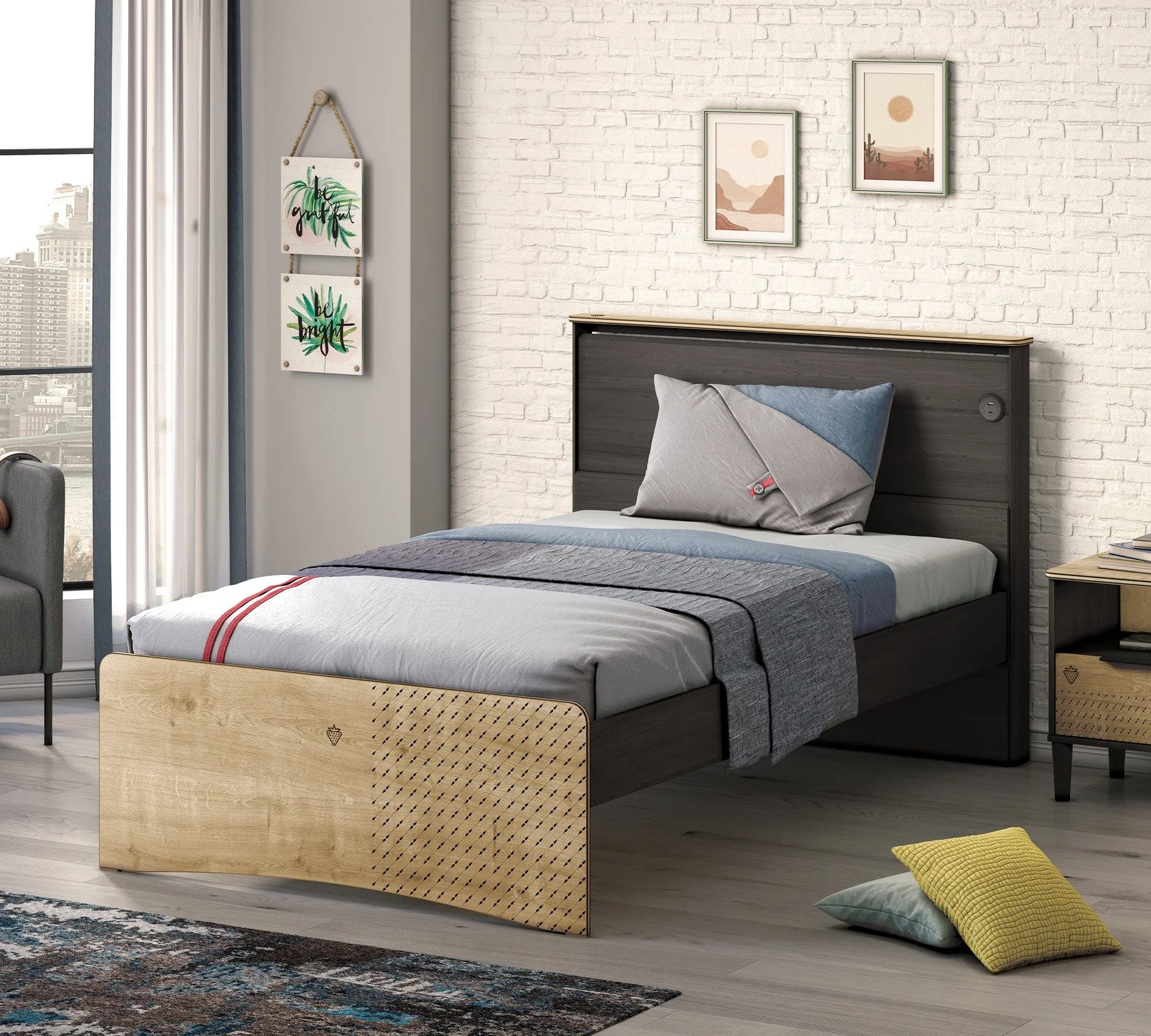 Möbel-Zeit Bett BLACK mit flachem Kopfteil mit integriertem USB-Ladegerät 100x200 cm, Liegeplatte inkl. Belüftungsschlitze für optimale Luftzirkulation