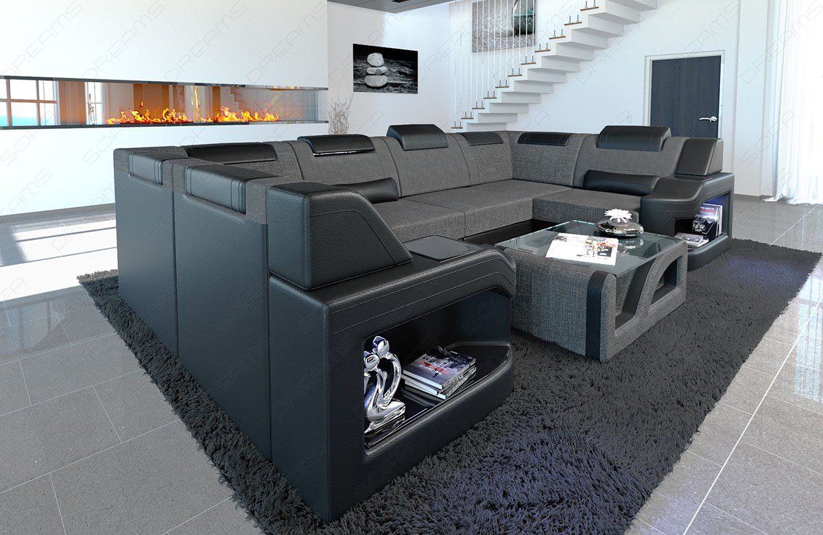 Sofa Wohnlandschaft Couch Polster Design Stoffsofa, Stoff Dreams wahlweise Padua U Sofa grau-schwarz Bettfunktion Strukturstoff mit Form H