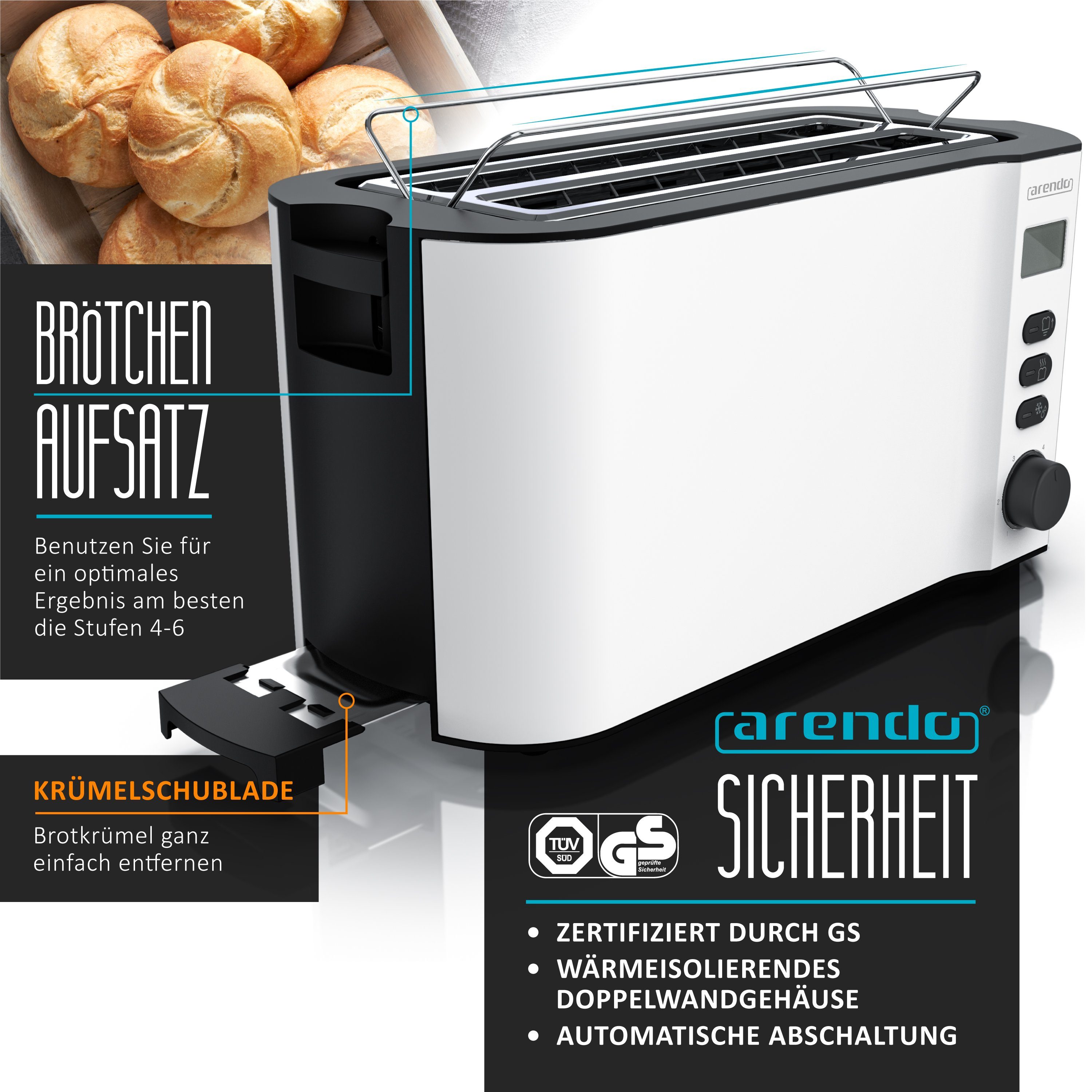 Arendo Toaster Edelstahl, Langschlitz, Display mit Restzeitanzeige, Brötchenaufsatz, 2 lange Schlitze, für 4 Scheiben, 1500 W, Defrost Funktion, Wärmeisolierendes Gehäuse, mit Krümelschublade