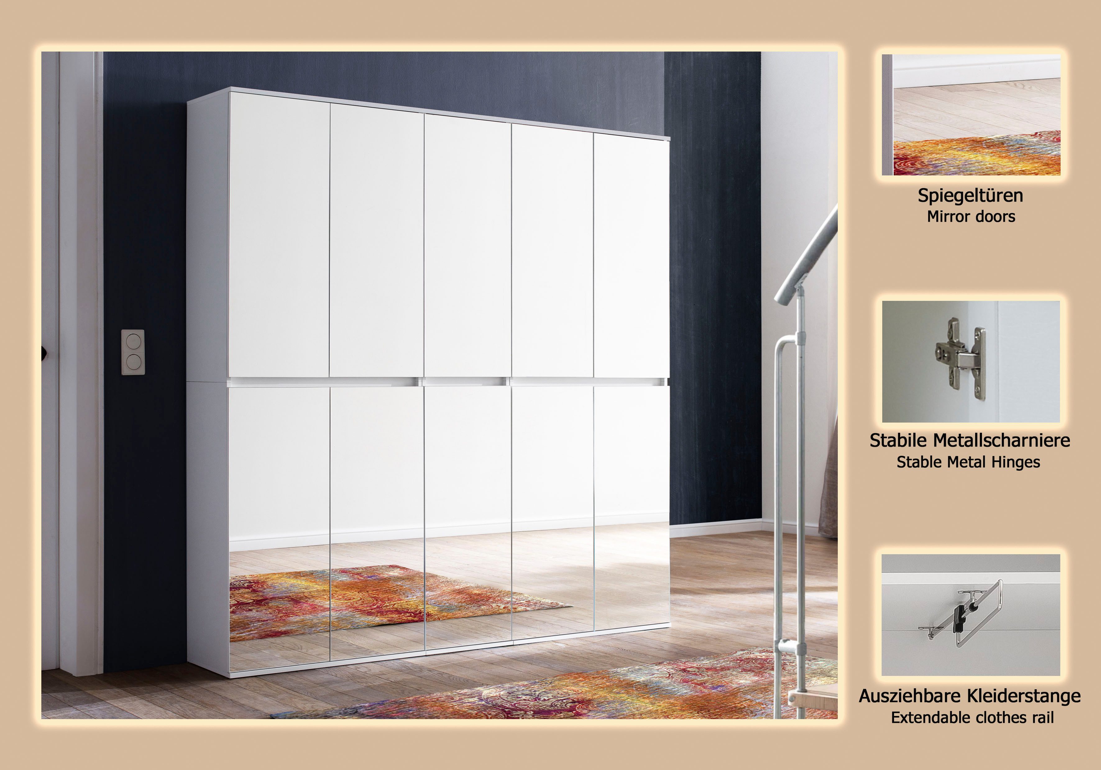 Home affaire Garderoben-Set Malcesine, (3-St), 3 Mehrzweckschränke mit Spiegelglasfronten - (B/T/H) 185/34/191 cm