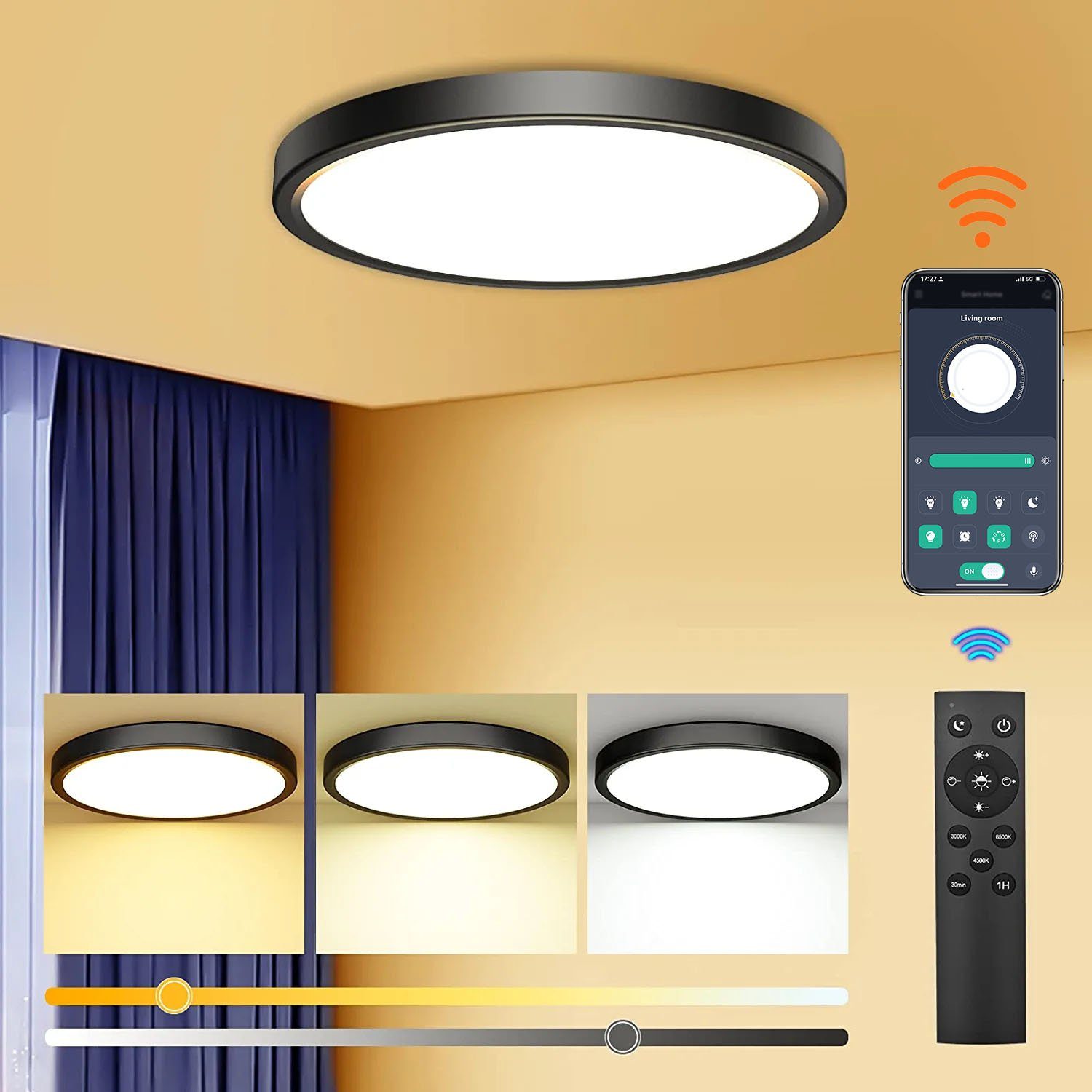 mit Deckenleuchte Schwarz für Wohnzimmer App-Steuerung, Balkon Fernbedienung,Deckenlampen LED Badezimmer MUPOO Modern,28W/38W,IP44, Wohnzimmer, Küche Deckenleuchte Kinderzimmer mit Dimmbar