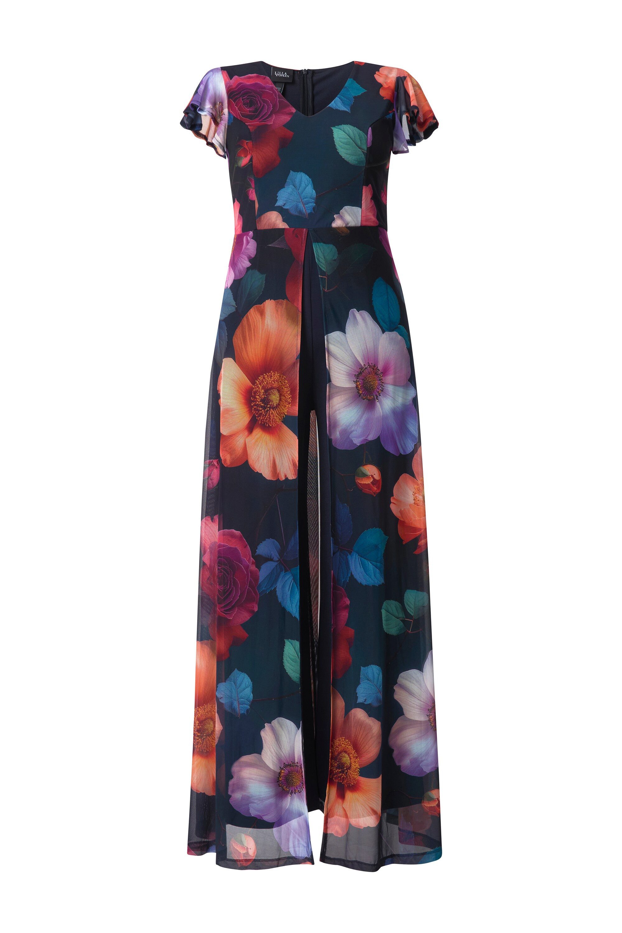 Ulla Popken Funktionshose Jumpsuit doppellagig V-Ausschnitt Cup-Ärmel