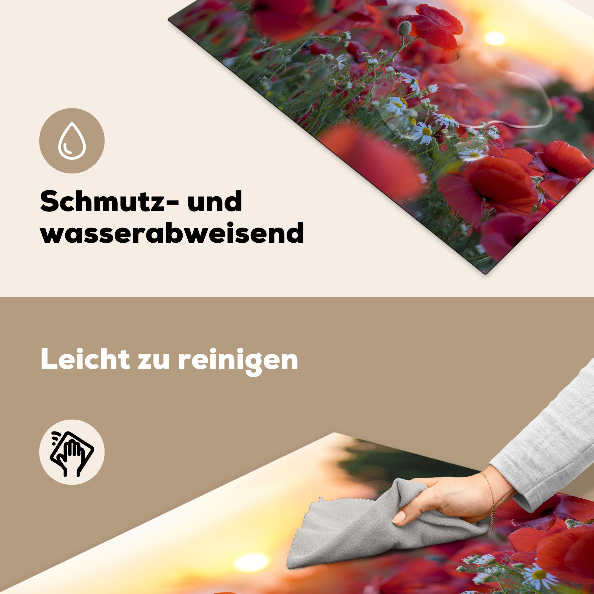 MuchoWow Herdblende-/Abdeckplatte Landschaft mit (1 81x52 Morgen, Induktionskochfeld Schutz cm, Ceranfeldabdeckung die tlg), für Vinyl, Mohnblumen küche, am