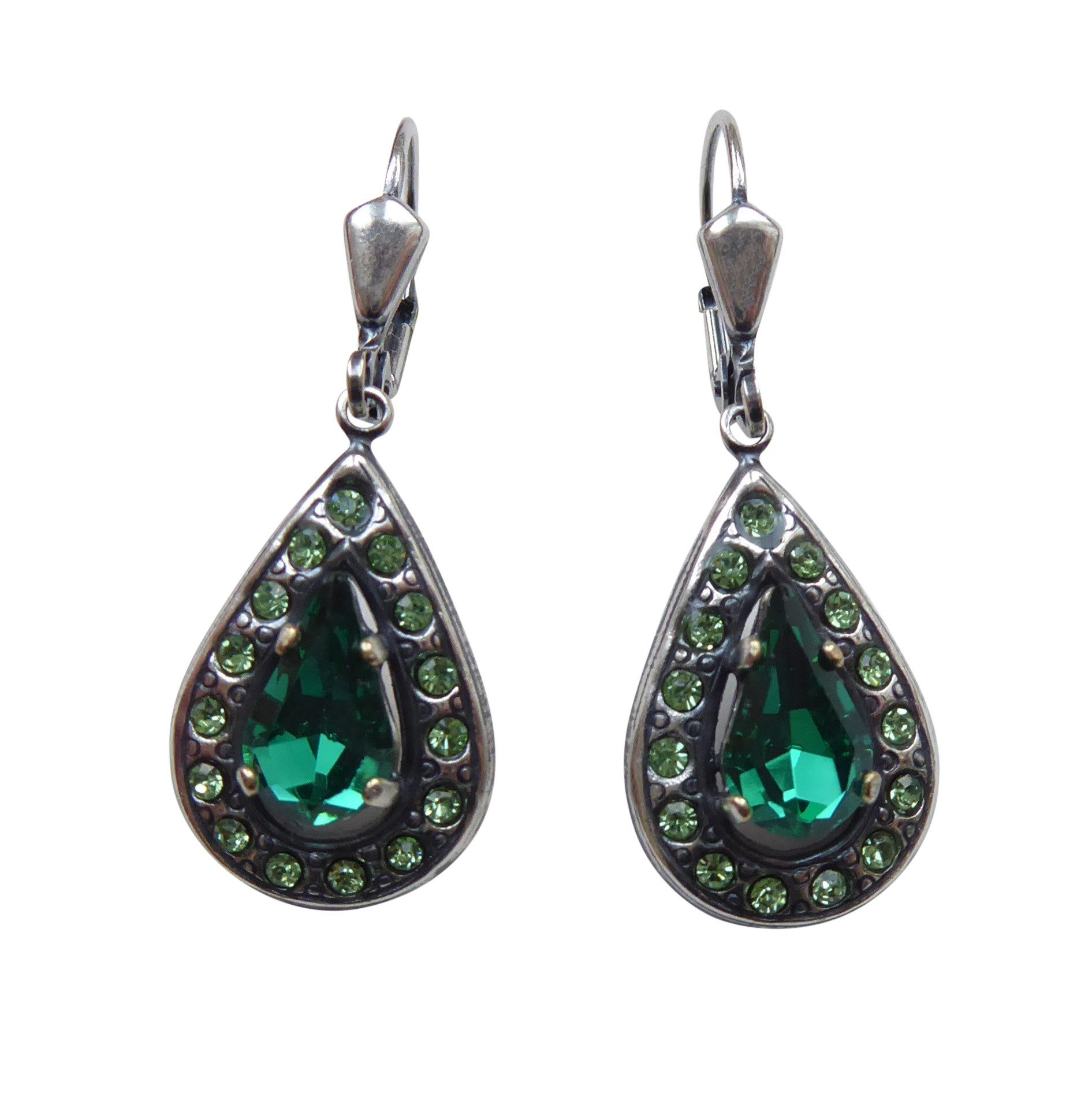 Mugello Paar Ohrhänger Scarlett grün versilbert Jugendstil Antik-Look Vintage, Handgefertigter Modeschmuck, made in Germany
