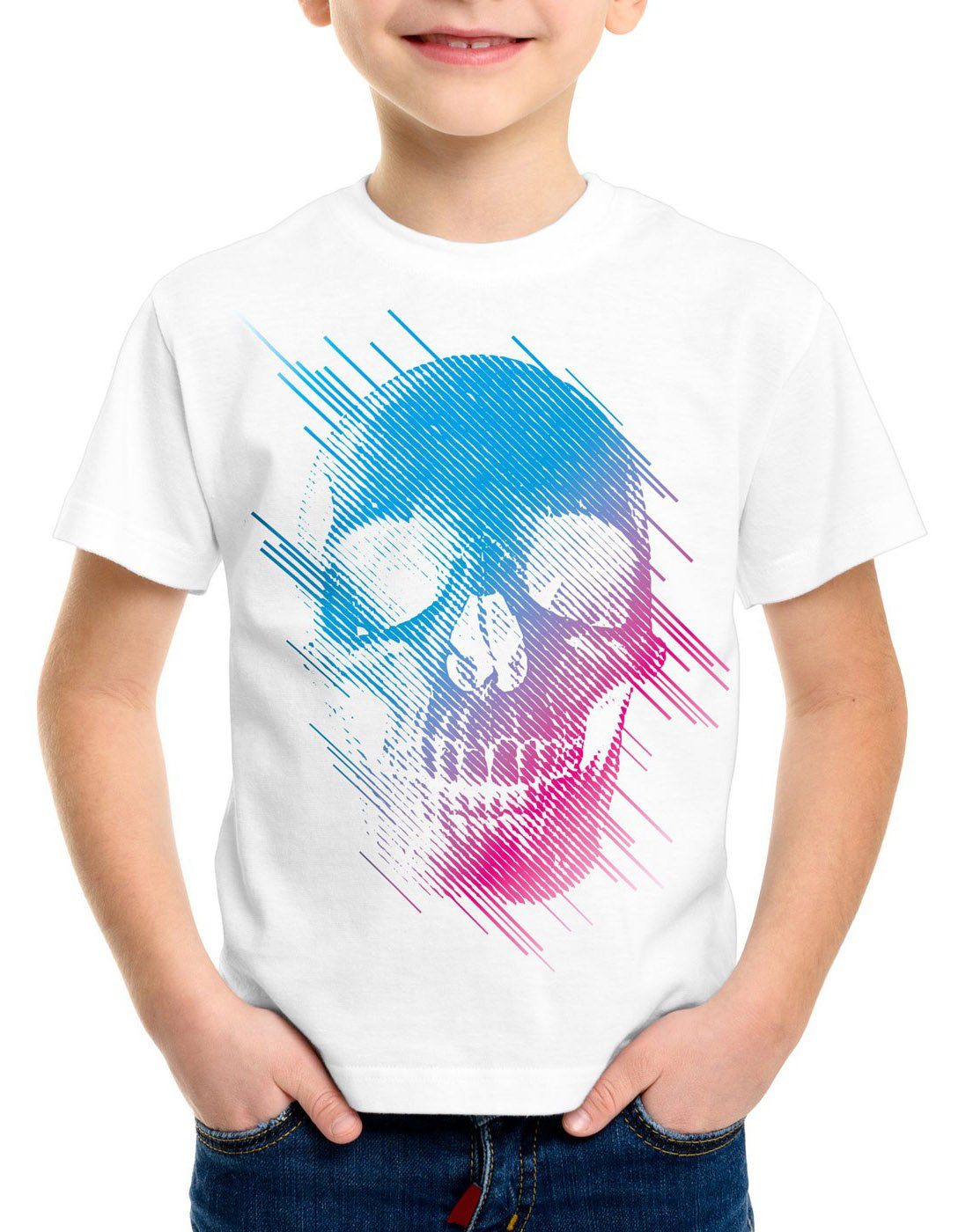 style3 Print-Shirt Kinder T-Shirt Neon Skull totenkopf disco neon festival weiß