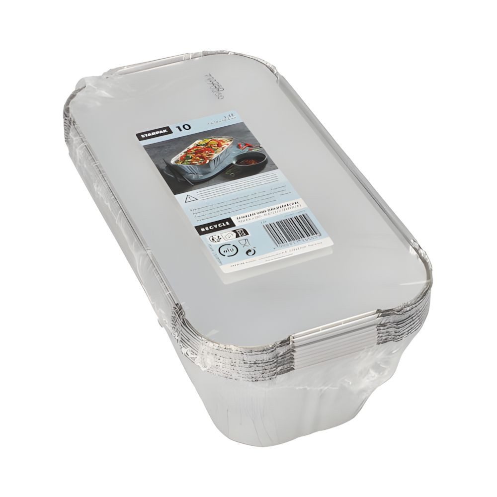 PAPSTAR Einwegschale 10 x Alu + Einlegedeckel PP-beschichtet eckig 1,5 l 7 x 13 x 24,2 cm, Aluminium / Pappe, PP-beschichtet