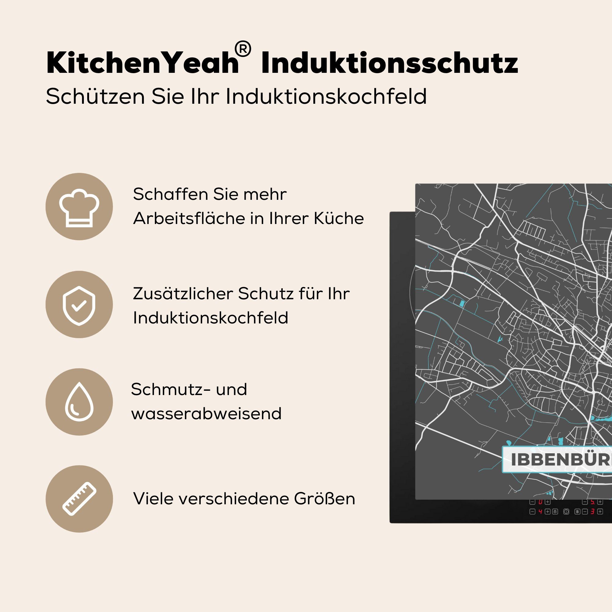 MuchoWow Herdblende-/Abdeckplatte Stadtplan für Ibbenbüren Karte - küche tlg), Ceranfeldabdeckung, - Karte, Vinyl, Deutschland - (1 cm, Arbeitsplatte - Blau 78x78 