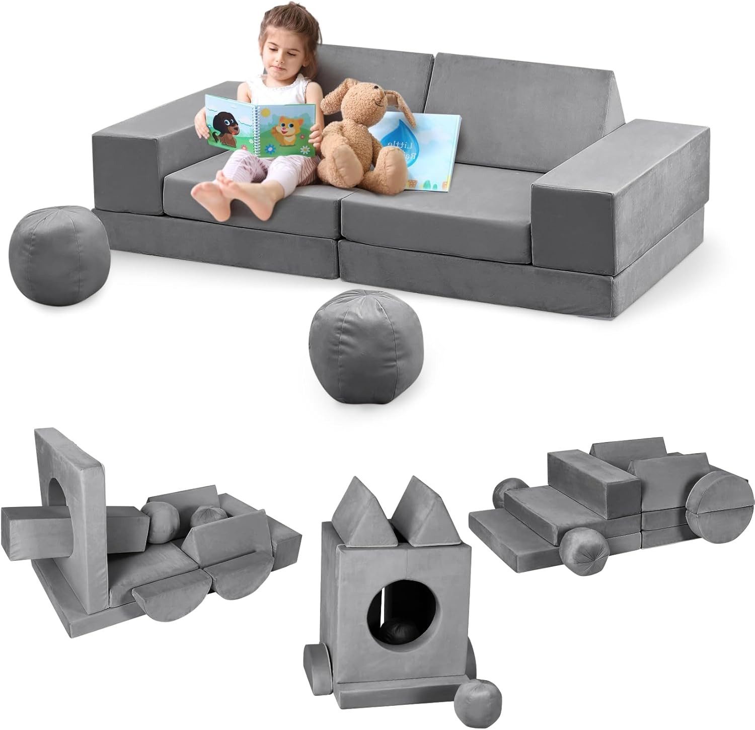 GarveeMore Kindersofa 12-teiliges,modulares Spielsofa für Kinder Förderung Kreativität, Ecksofa für Schlafzimmer- und Spielzimmermöbel zum Schlafen und Lesen