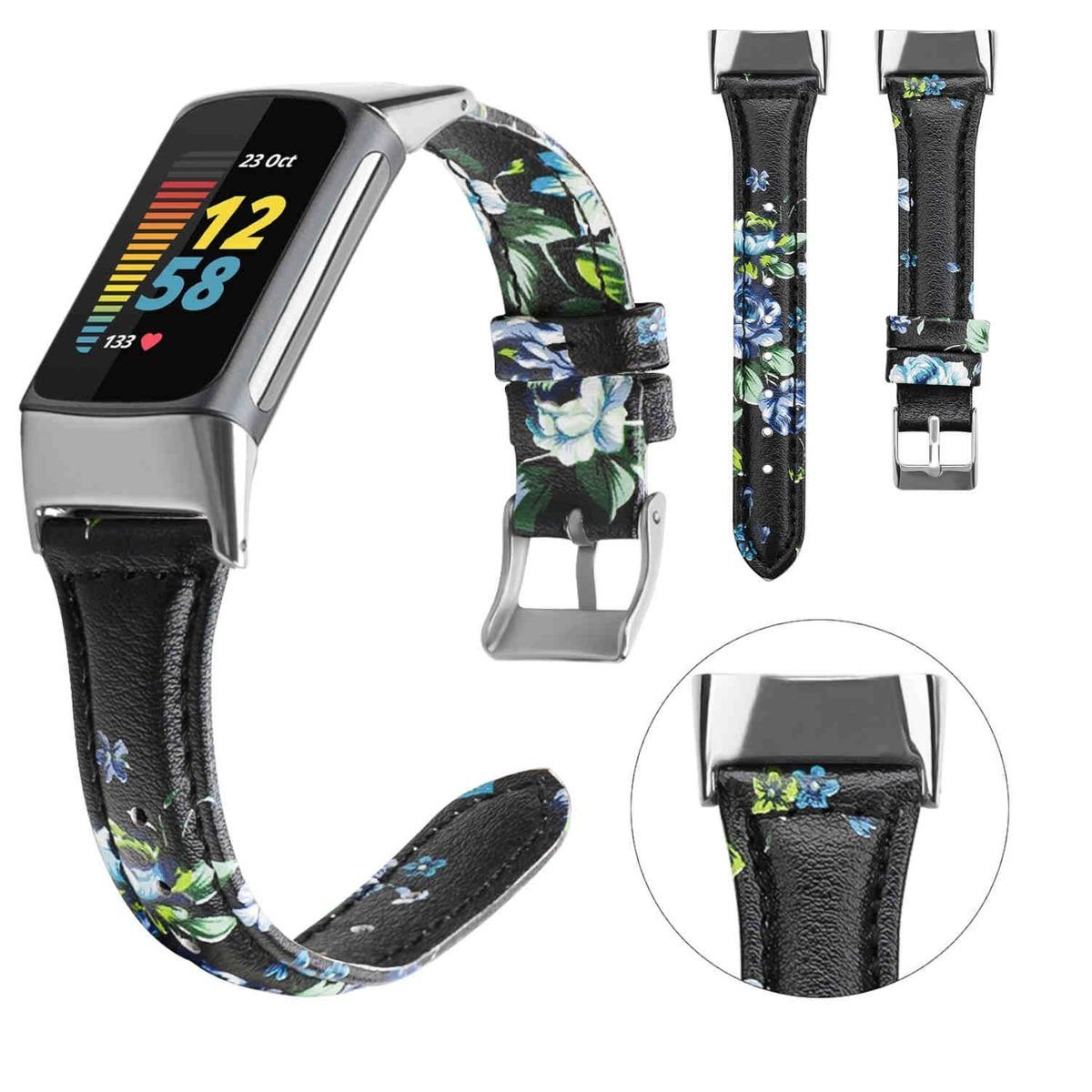 Wigento Smartwatch-Armband Für Fitbit Charge 6 / 5 Leder Watch Armband  Muster 4 Männer Größe L