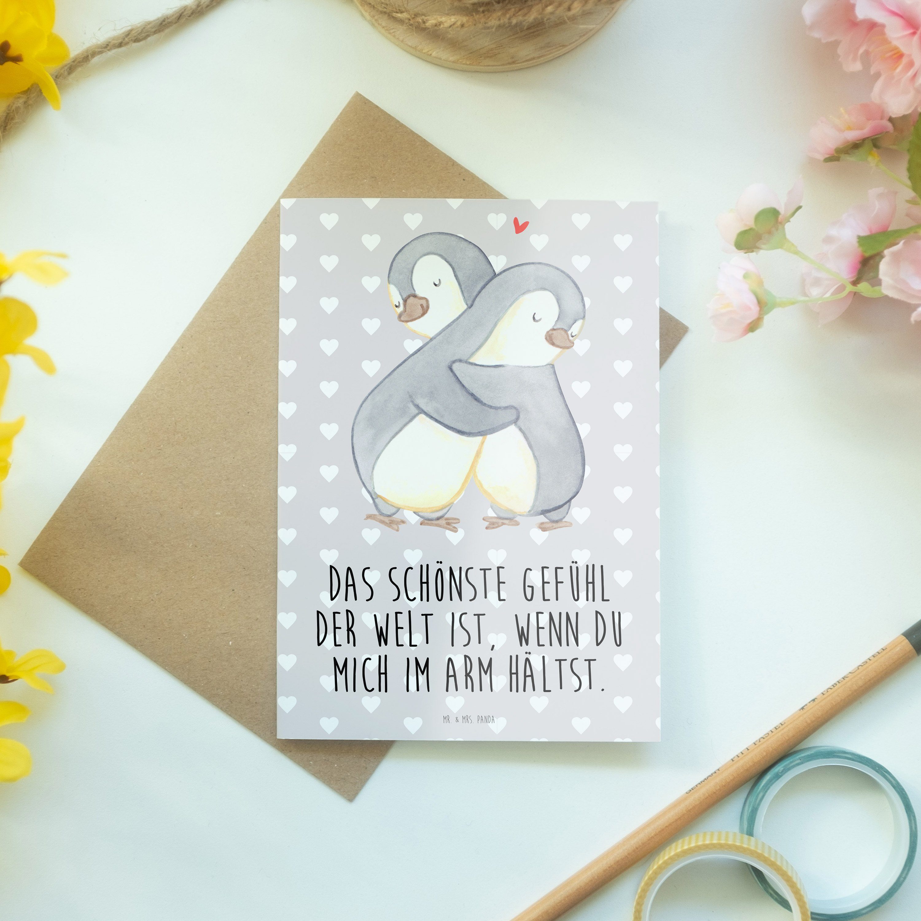 Mr. & Mrs. Panda Mitbringsel, Geschenk, - - Pastell Pinguine Ehemann, Grußkarte Grau Kuscheln Ho
