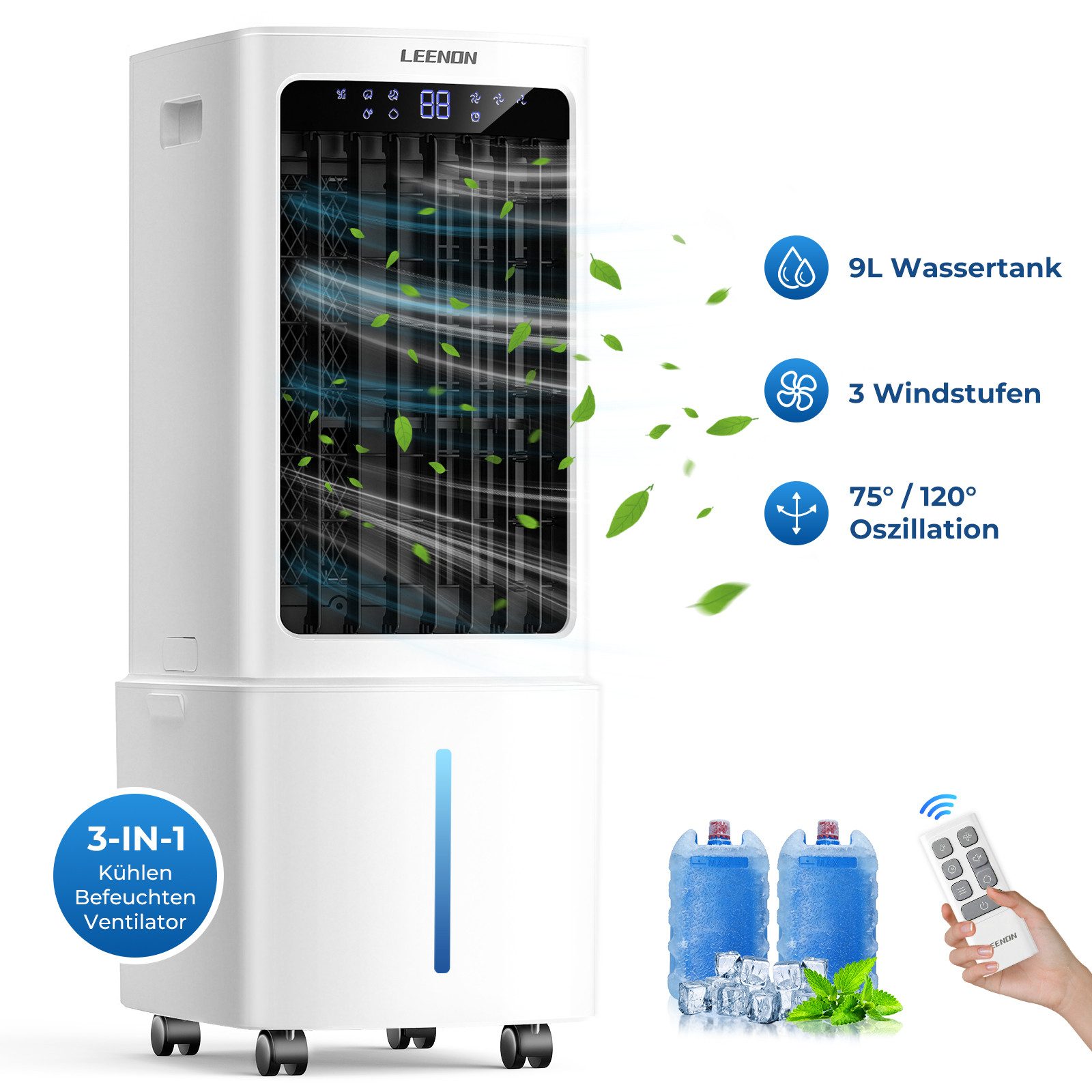 LEENON Ventilatorkombigerät Mobiler Luftkühler mit Wasserkühlung,9L,3in1 Klimagerät, tragbar Ventilator, Luftbefeuchter leise und energiesparend,Timer