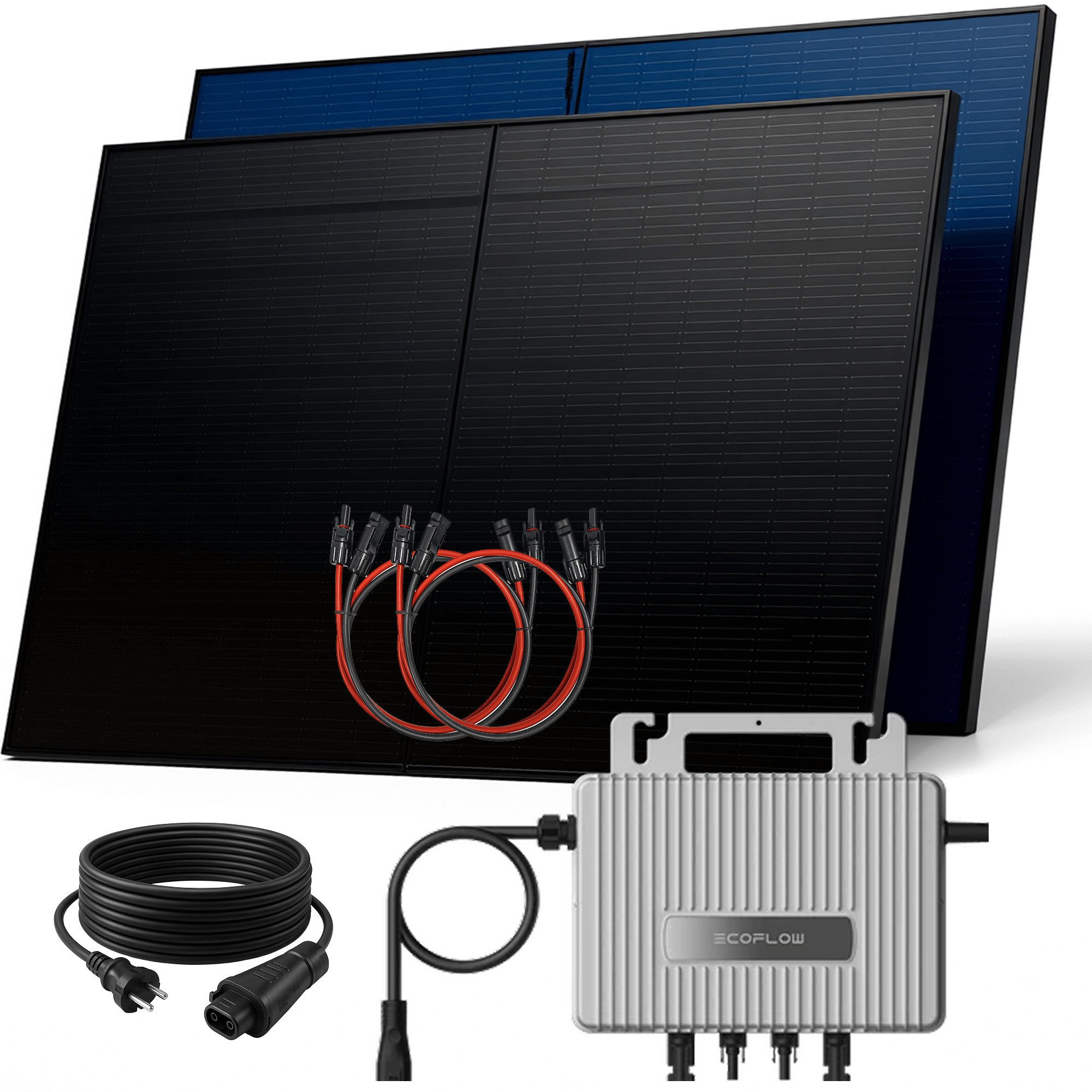 SUNNIVA Balkonkraftwerk 1000W BIFAZIAL FULLBLACK komplett Steckdose, (Ecoflow 800W Wechselrichter, PV Solaranlage, 2x 500W Glas-Glas Solarmodule, inkl. 5m Kabel, Bluetooth WIFI, Komplettset)