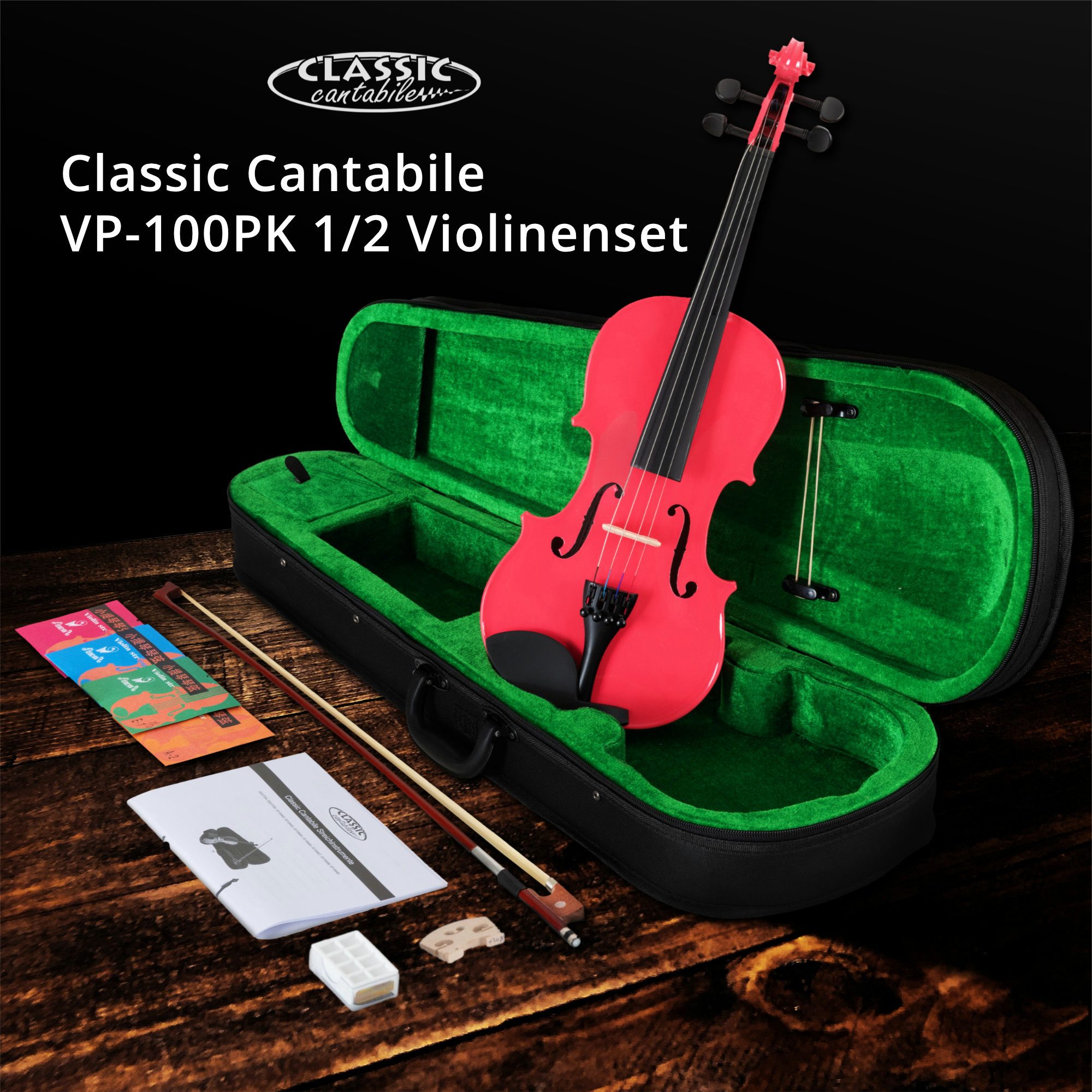 Classic Cantabile Violine VP-100PK 1/2 Violinenset Pink - Klassisches Design - Moderne Optik, Komplettset, Einsteiger/Schülerinstrument, inkl. Bogen, Koffer, Kolophonium und Ersatzsaiten
