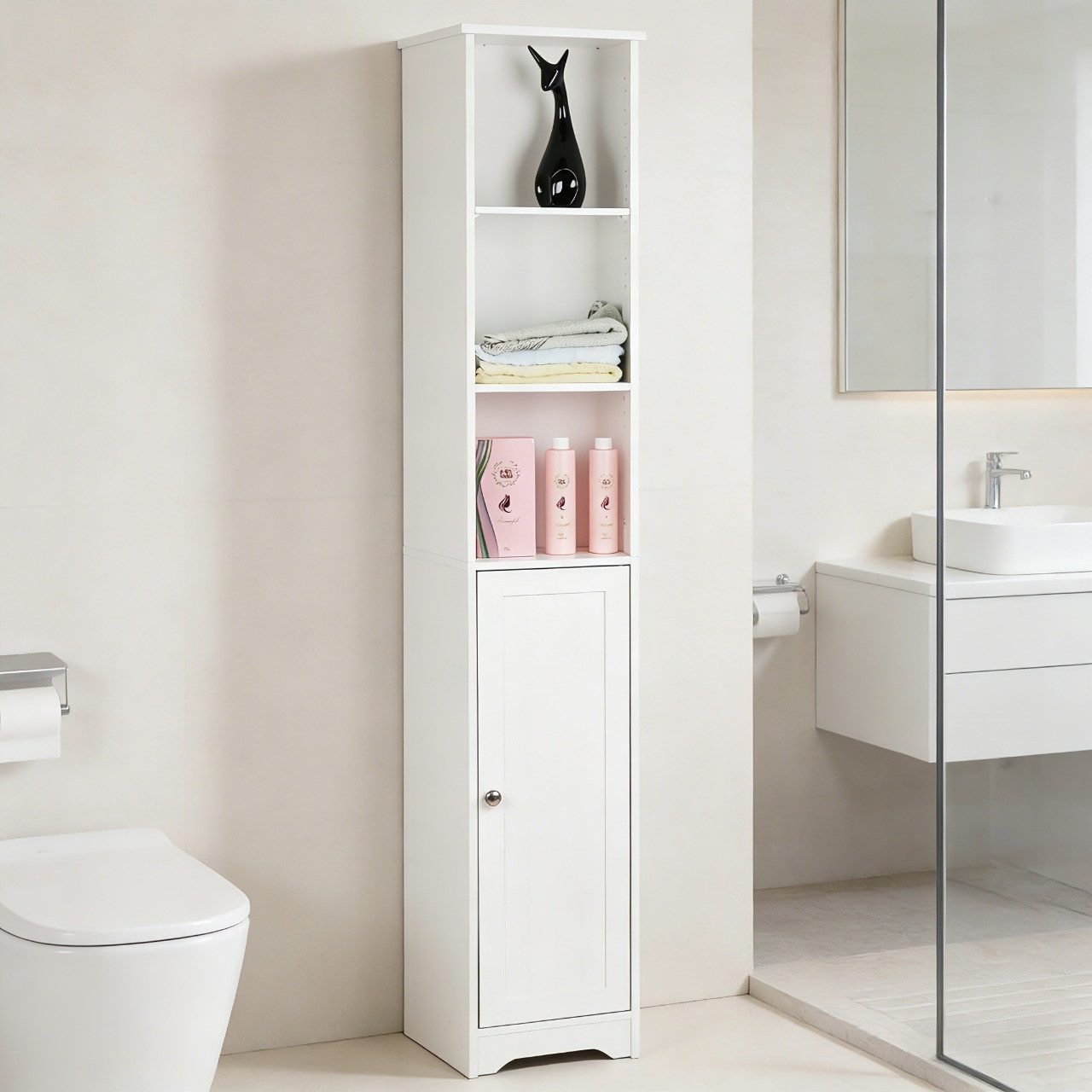 Karlhome Badregal Schmaler Badezimmerschrank mit Tür und 3 offenen Fächern, 1-tlg., Hoher Stand-Schrank für kleine Räume, Aufbewahrungsschrank 170cm