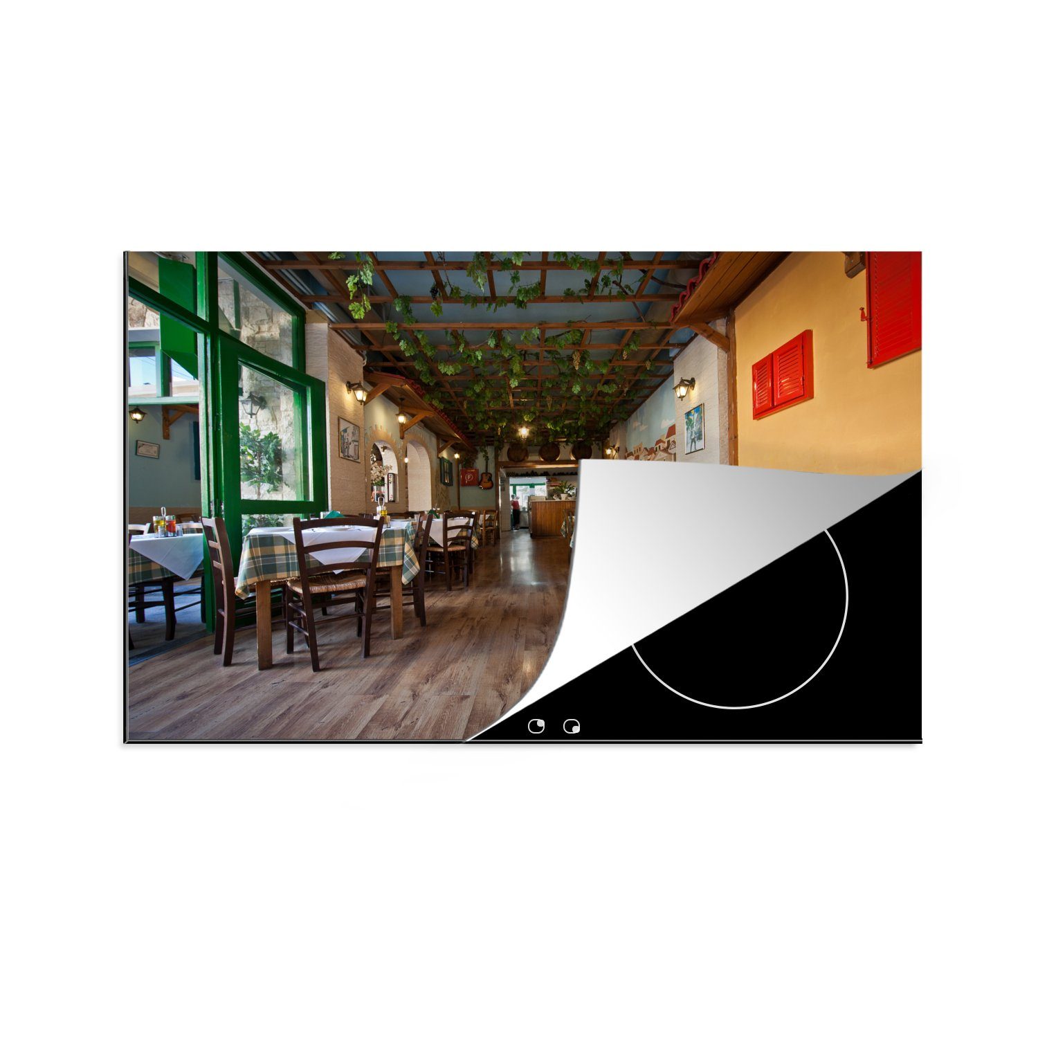 MuchoWow Herdblende-/Abdeckplatte Ein traditionelles griechisches Restaurant in Heraklion, Vinyl, (1 tlg), 81x52 cm, Induktionskochfeld Schutz für die küche, Ceranfeldabdeckung