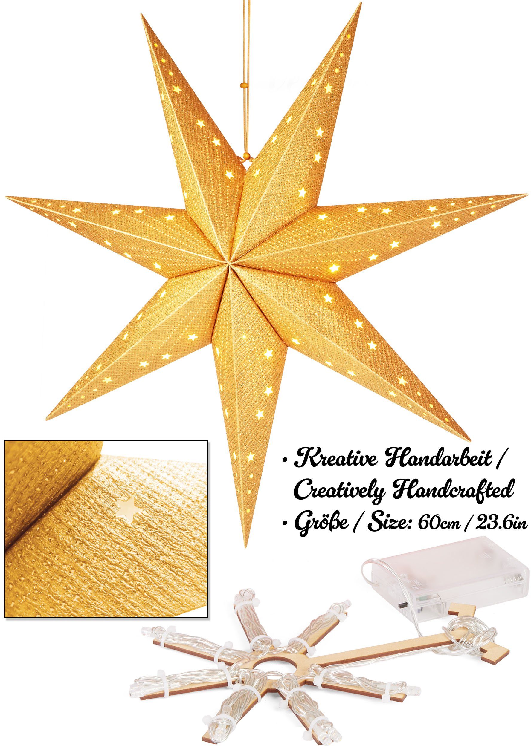 BRUBAKER LED Stern Weihnachtsstern zum Aufhängen - 60 cm Papierstern mit 7 Spitzen, Batteriebetrieben, Hängend und Beleuchtet, LED fest integriert, Warmweiß, 3D Adventsstern - Fenster Deko Leuchtstern