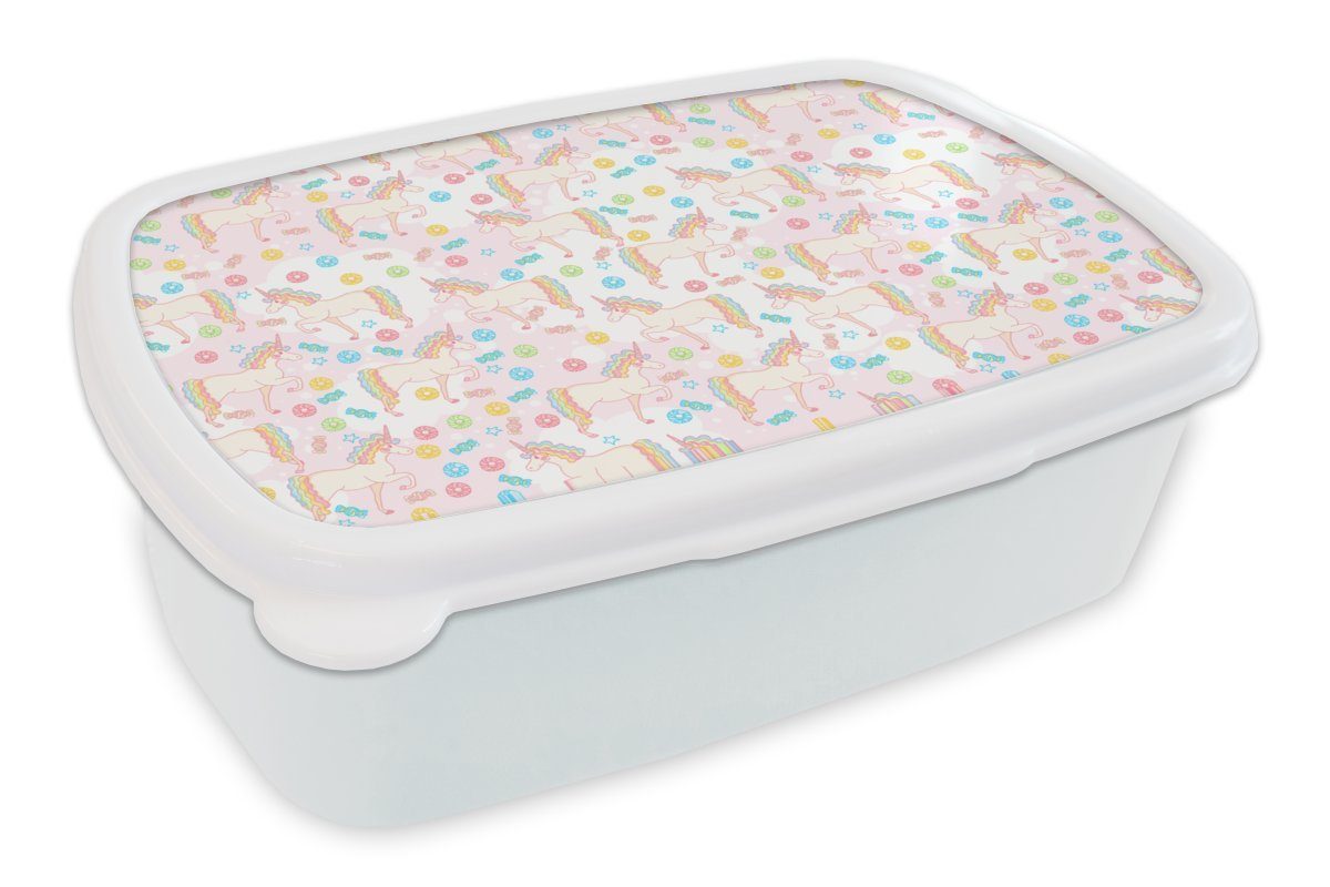 MuchoWow Lunchbox Einhorn - Bonbon - Regenbogen, Kunststoff, (2-tlg), Brotbox für Kinder und Erwachsene, Brotdose, für Jungs und Mädchen weiß