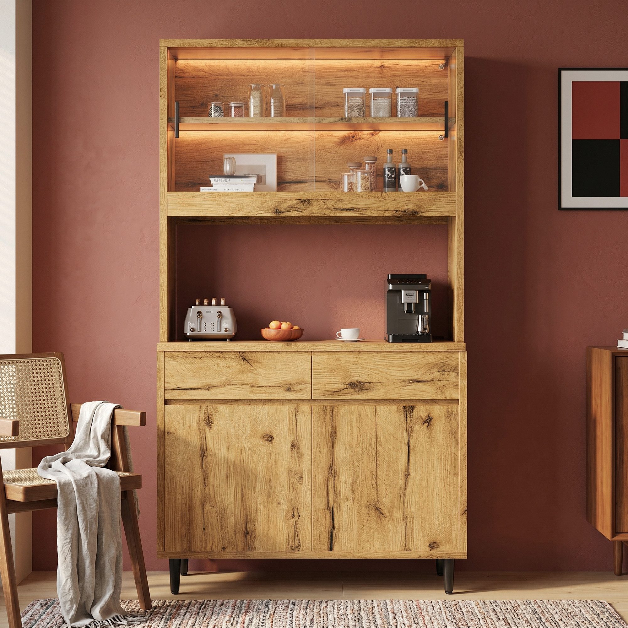 Ulife Hochschrank mit mehrstufigem Stauraum, inkl. integrierter Steckdose, 100×40×185 cm (1-St) Buffetschrank mit USB-C, USB-A, Lichtstreifen & Eiche-Optik