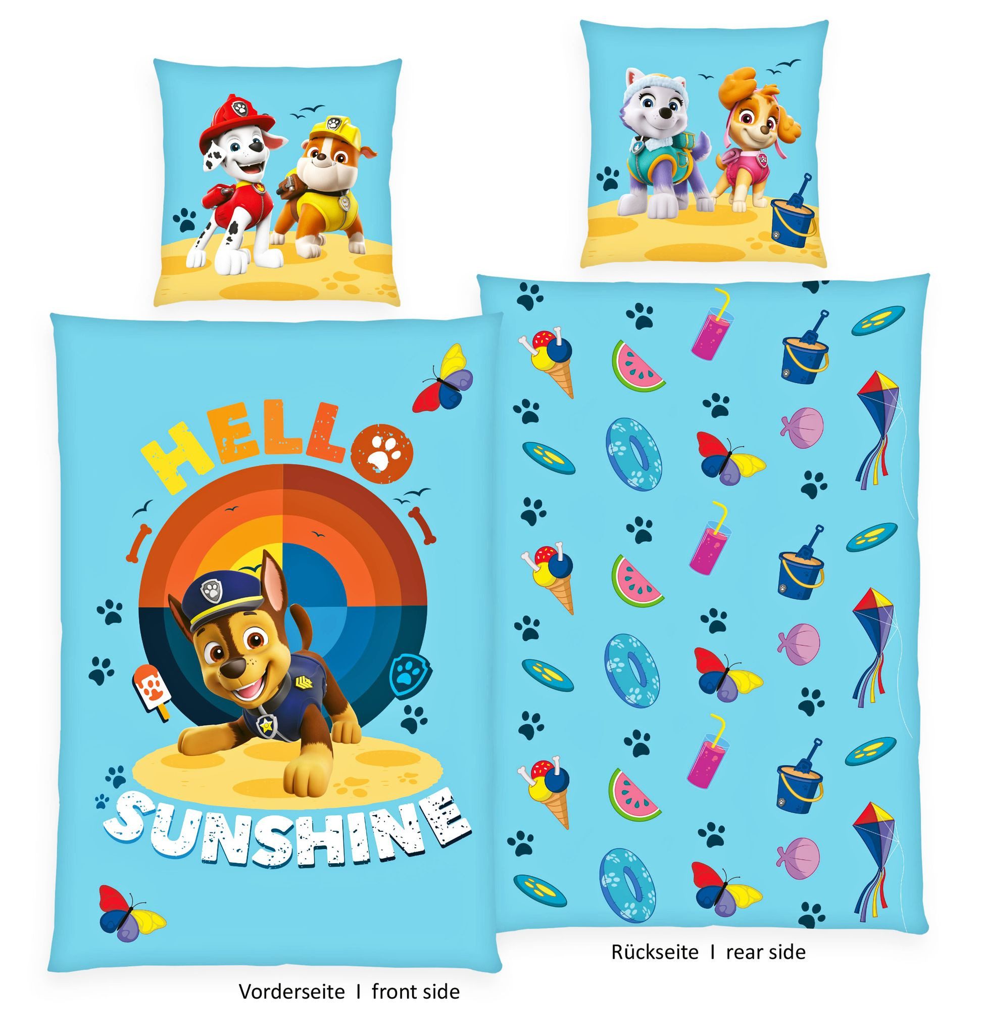 Herding Kinderbettwäsche 135x200cm Paw Patrol Hello Sunshine, Renforcé, 2 teilig, Chase und seine Freunde am Strand, Knopfleiste