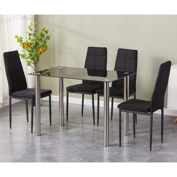 HOOZ Essgruppe fürs Esszimmer, Küche und Wohnzimmer Tischplatte 6 mm Sicherheitsglas, (Set, 5-tlg., Tisch mit 4 Stühlen), Tischplatte schwarz, Bezug Stühle schwarz