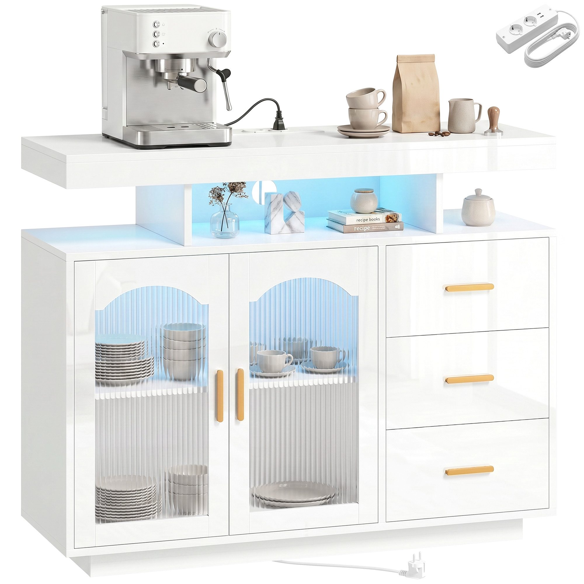 HOMCOM Sideboard Kommode mit LED, Steckdosen, 3 Schubladen (Set, 1 St., Hochglanz Aufbewahrungsschrank), für Wohnzimmer, Schlafzimmer 100x35x80 cm, Weiß