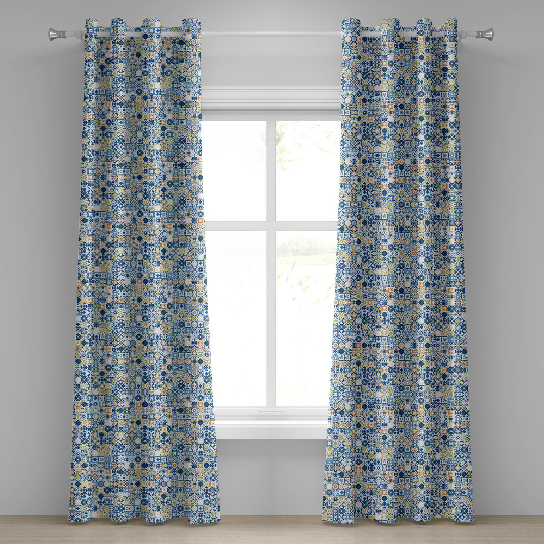 Azulejo 2-Panel-Fenstervorhänge Abakuhaus, Dekorative Gardine Gelb Wohnzimmer, Mosaik Blau Schlafzimmer für und