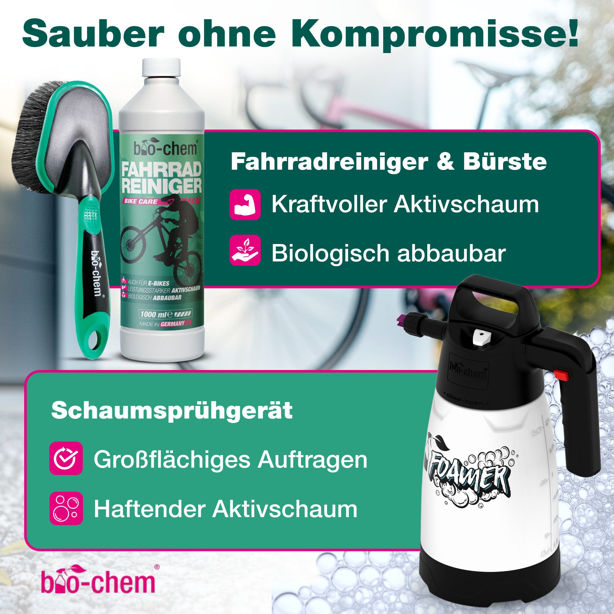 bio-chem Fahrradreiniger-Set – Professionelle Reinigung & Pflege inkl. Zubehör Zweiradreiniger (Bundle, [- Fahrrad-Reinigung PREMIUM -SET 7-teilig Mit Schutzkante & 4D-Bürste für Rundumreinigung)