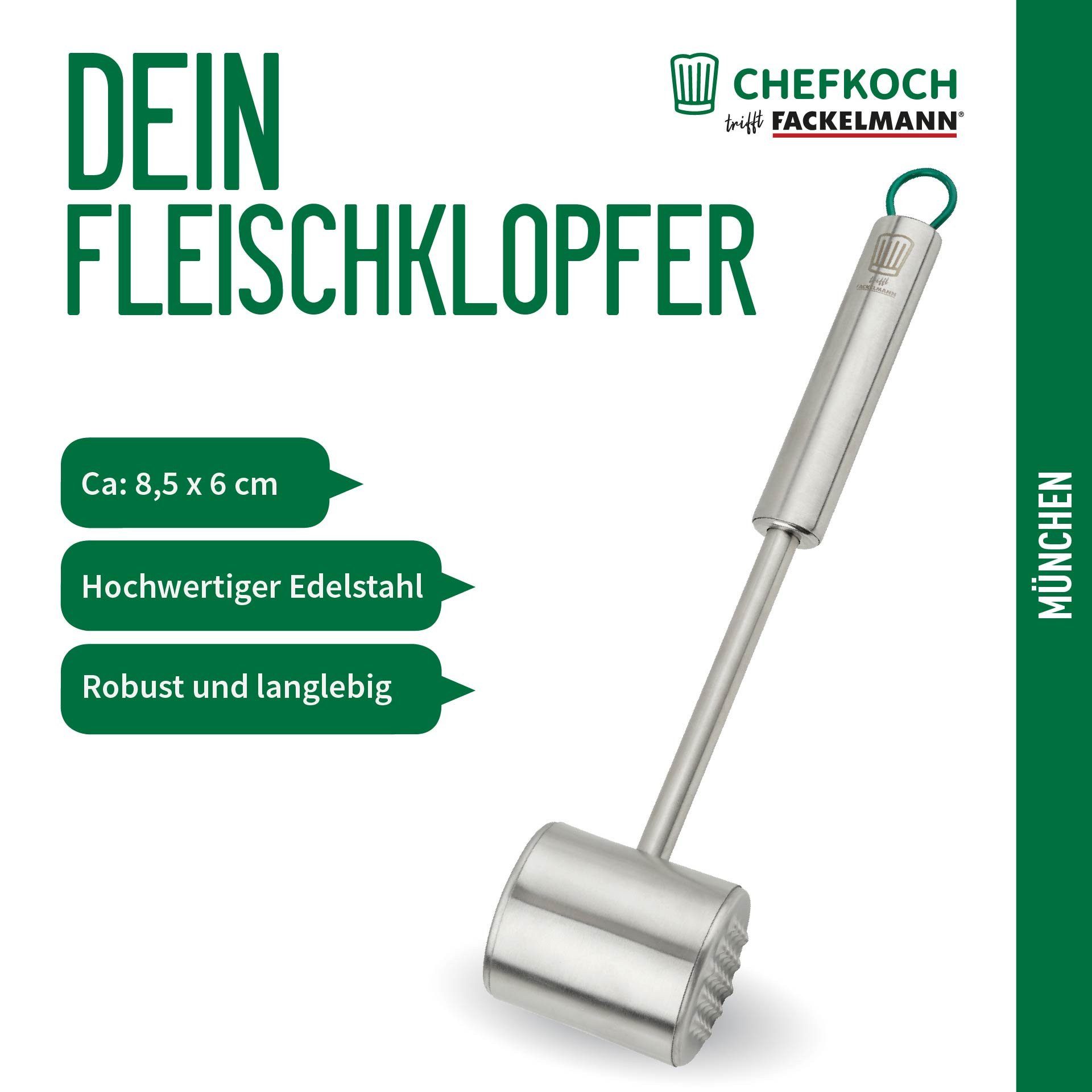 Chefkoch trifft Fackelmann Fleischklopfer Edelstahl Fleischklopfer 85x60mm – Perfekt für zartes Fleisch