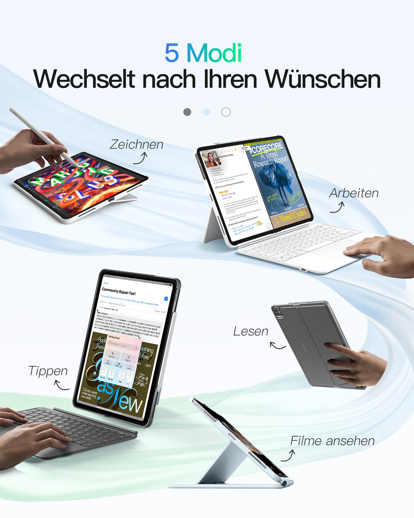 Inateck iPad Air Pro 12.9-13 Zoll Hülle mit Tastatur, 7 Farben Hinterleuchtet iPad-Tastatur (6" Großes Trackpad, Abnehmbar, mit Stifthalter, QWERTZ)