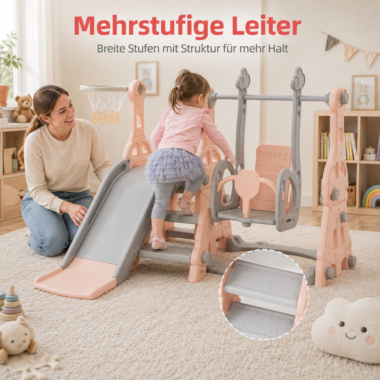 Simurq Rutsche Kinderrutsche 4 in 1 Mit Rutsche,Schaukel,Klettergerüst,Basketballkorb, (kinderrutsche Outdoor, Kinder Rutsche), Kinderrutsche Outdoor Indoor, Fr – Bild 5 von 5