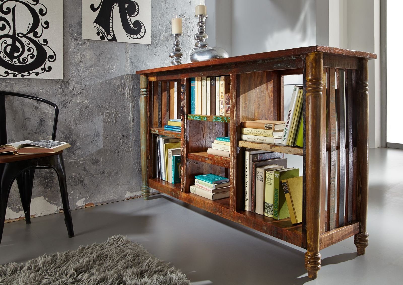 Massivmoebel24 Bücherregal FABLE, 1-tlg., Regal Altholz 150x45x90 mehrfarbig lackiert FABLE #15