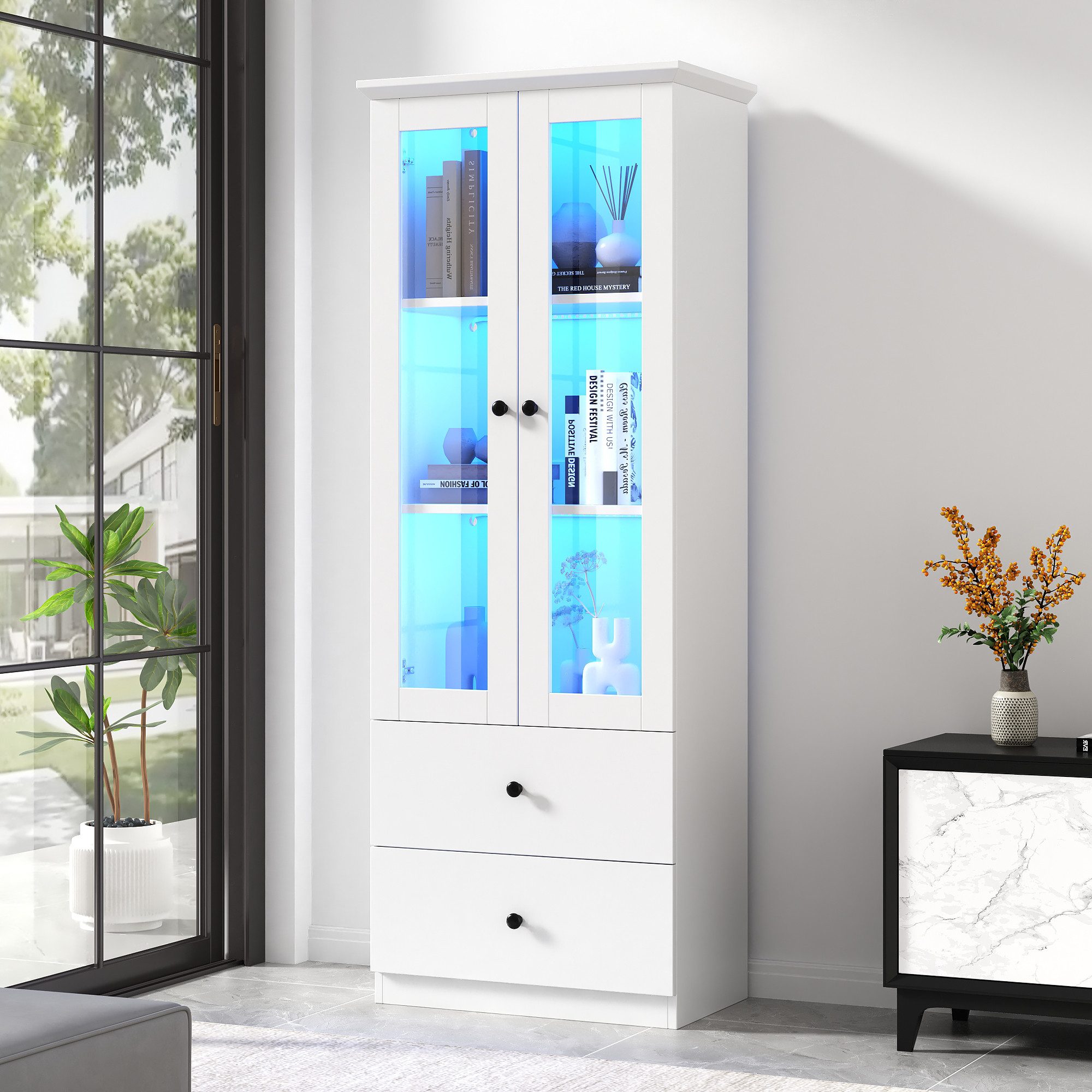 KLAM HOME Vitrine Moderne LED-Vitrine weiß matt 165 cm hoch mit USB-Anschluss (16-Farben-Fernbedienung, Glasvitrine mit 2 Schubladen, MDF-Wohnzimmer) Vertikalvitrine mit verstellbaren Fachböden, Vitrine mit Flügeltüren