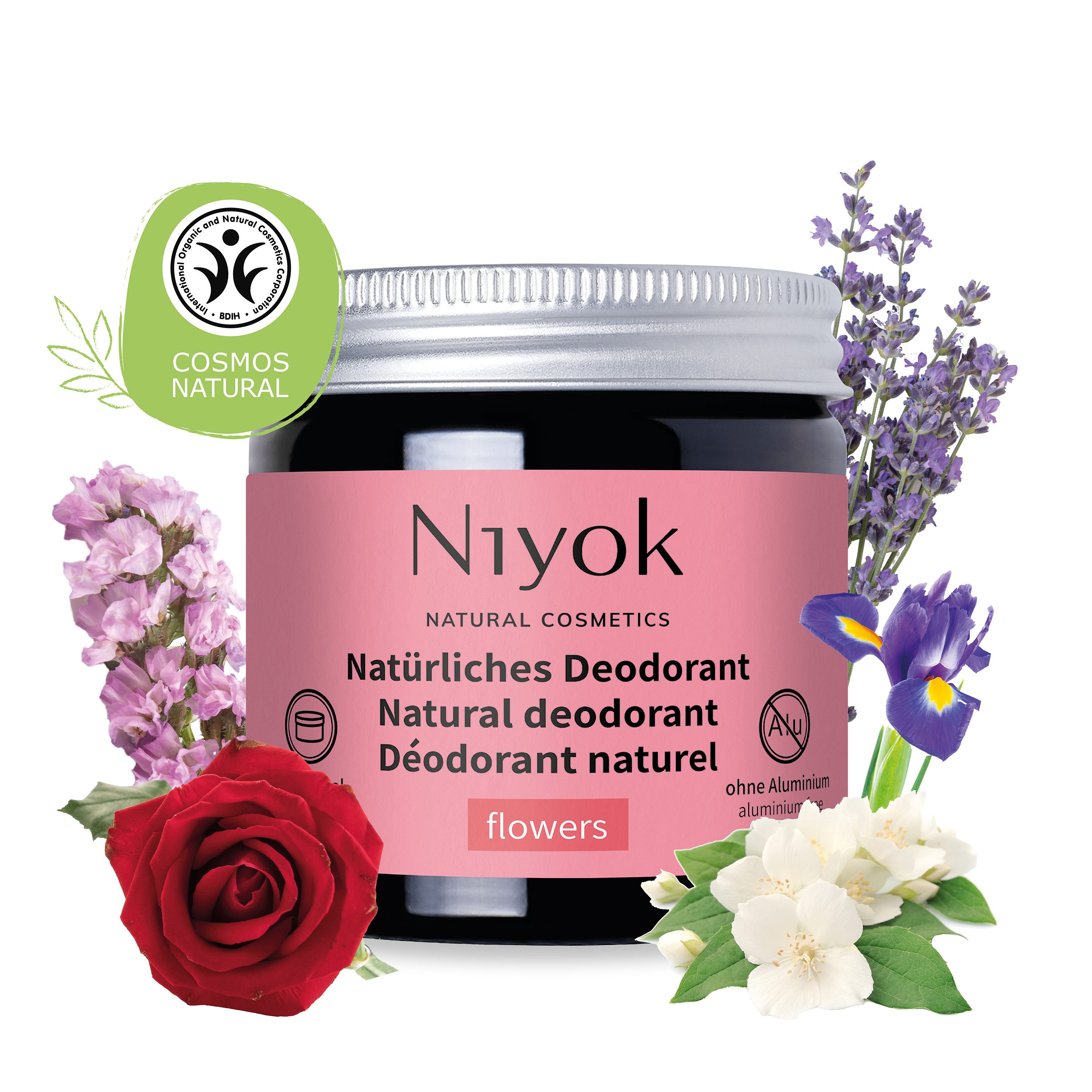 Niyok Deo-Creme 2-in-1 anti-transpirant, Schutz vor Geruch & Schweiß, ohne Alluminium, Flowers, Deodorant Creme Unisex, Feste Deo Creme, vegan